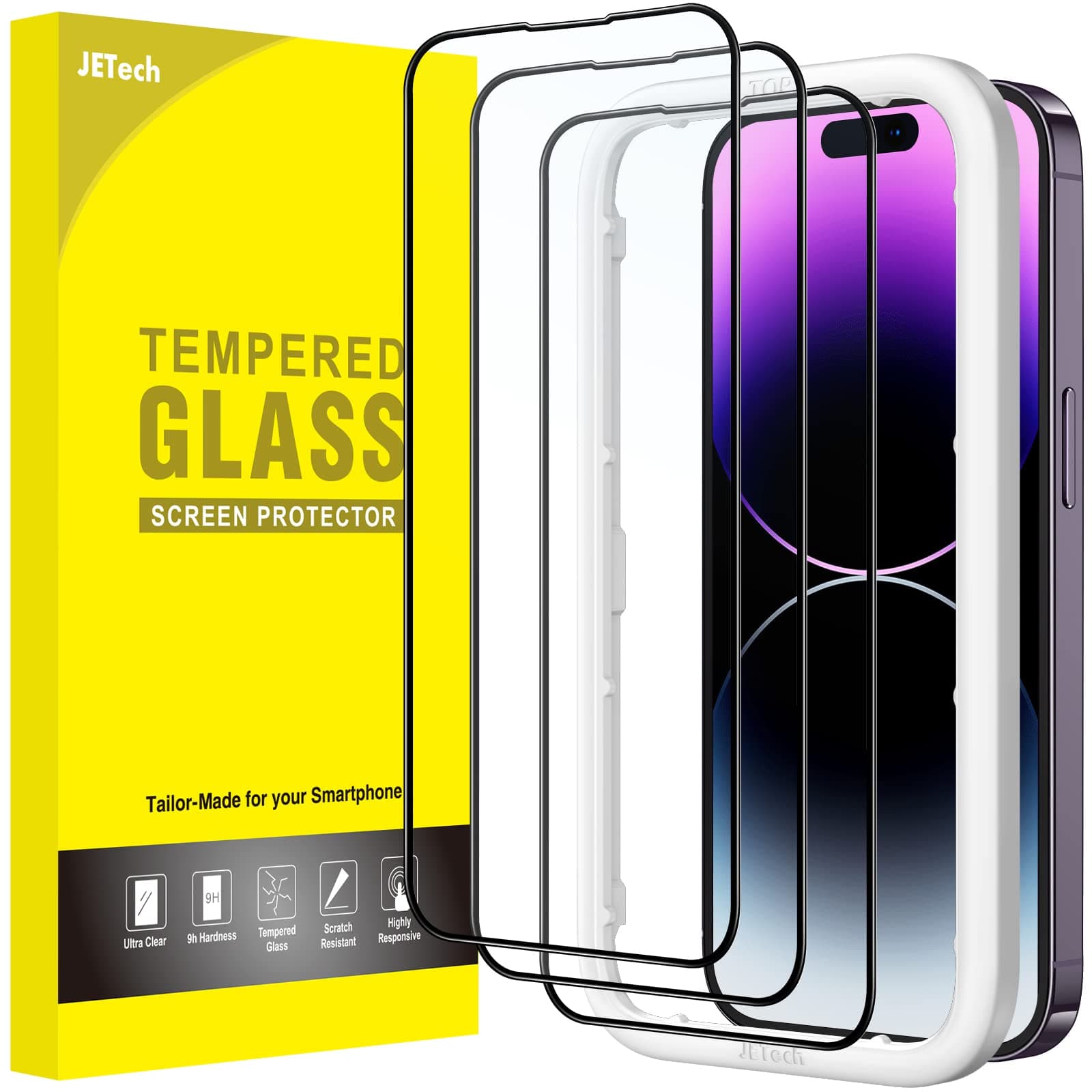 Full Coverage Screen Protector for iPhone 14 Pro Max 6.7-Inch, Black Edge Tempered Glass Film with Easy Installation Tool, Case-Friendly, HD Clear, 3-Pack