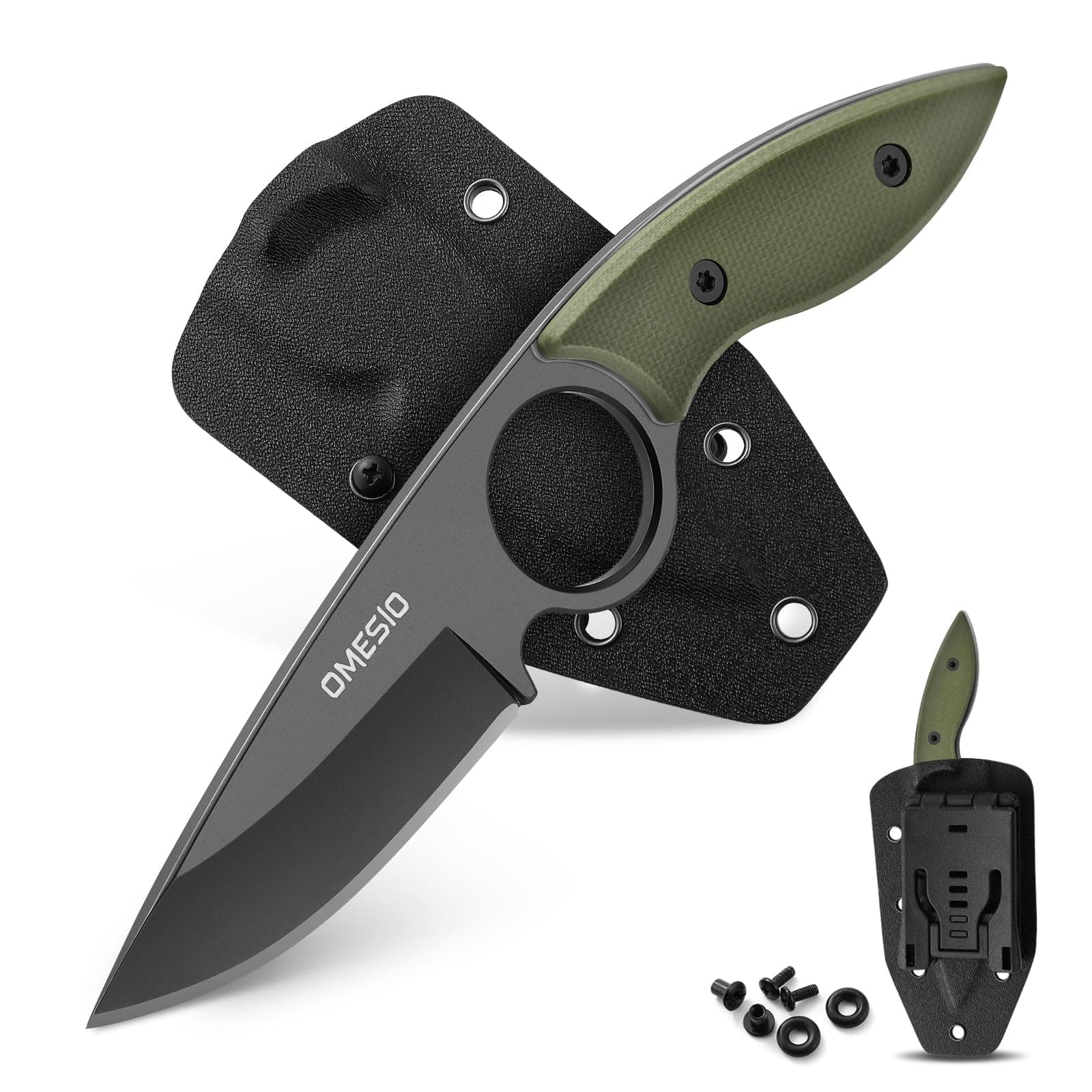 Omesio Fixed Blade Knife with Sheath, 6.92" Tactical Small Horizontal Carry Fixed Blade EDC Knife for Men Women with Kydex Sheath, Black Full Tang Blade G10 Ergonomic Handle, Ideal for Gifting