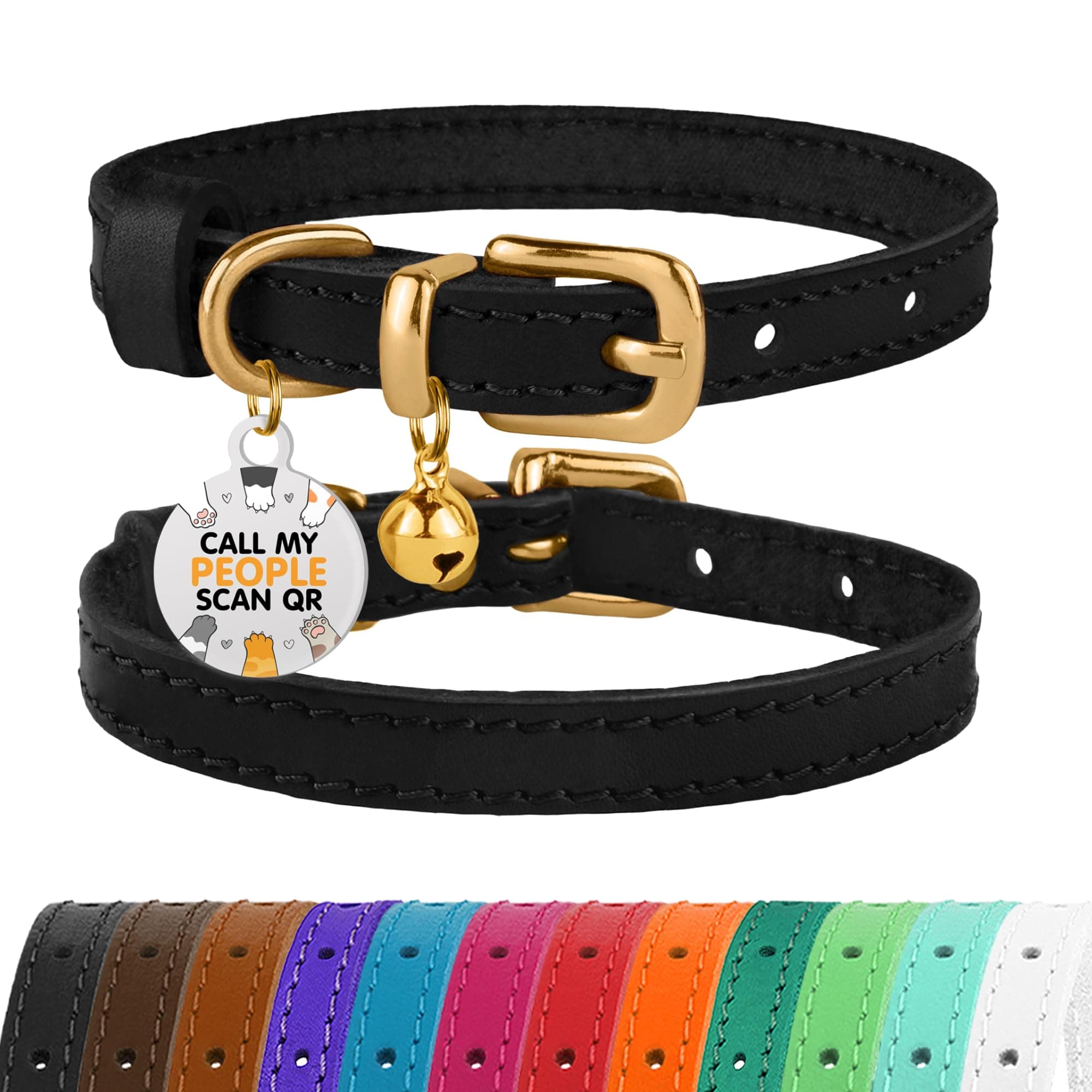 BRONZEDOG Leather Cat Collar with Removable Bells Non Breakaway Kitten QR Tag for Girl Boy (7" - 9" for Cats, Black & Gold)