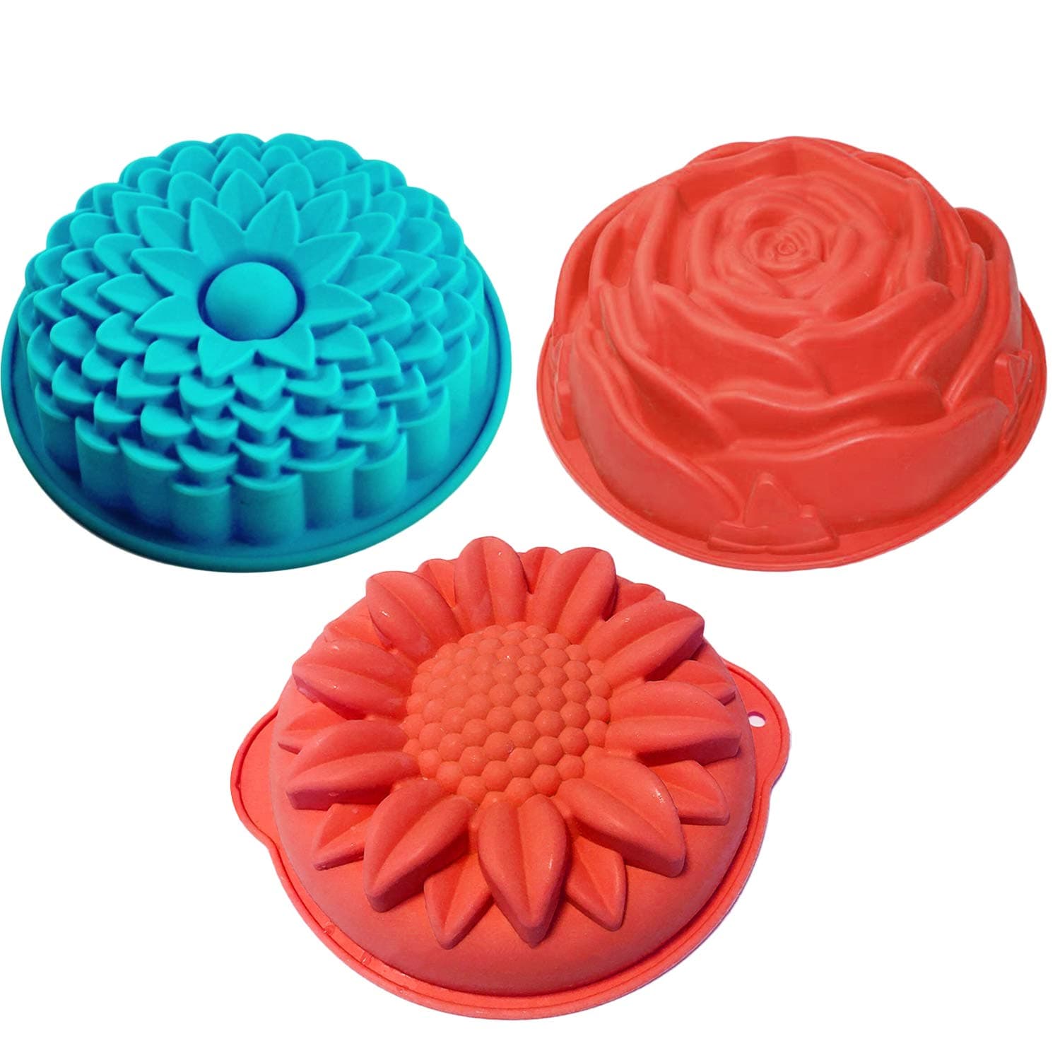 Rocutus 3 Pack Non-Stick Flower Shape Silicone Cake Bread Pie Flan Tart Jello Molds, Large Flower Baking Trays for Birthday Party Baking Set