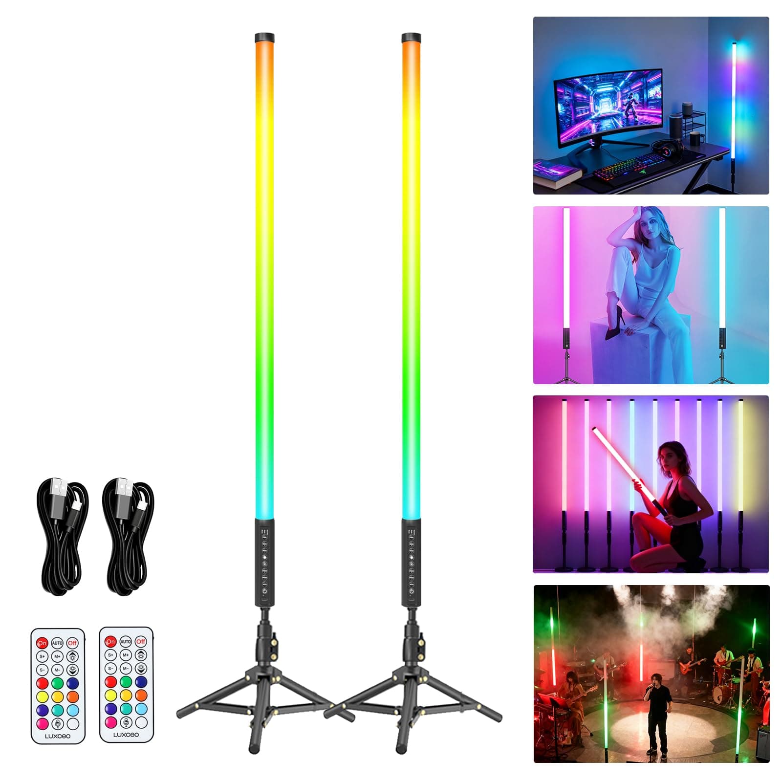 - 2Pack 90cm RGB Tube Light Bar (3Ft) with Light Stand, 2.4G Remote Control, 5000 mAh Battery Powered LED Video Light Wand Stick for DJ Lighting, Dance Club and Photography Lighting