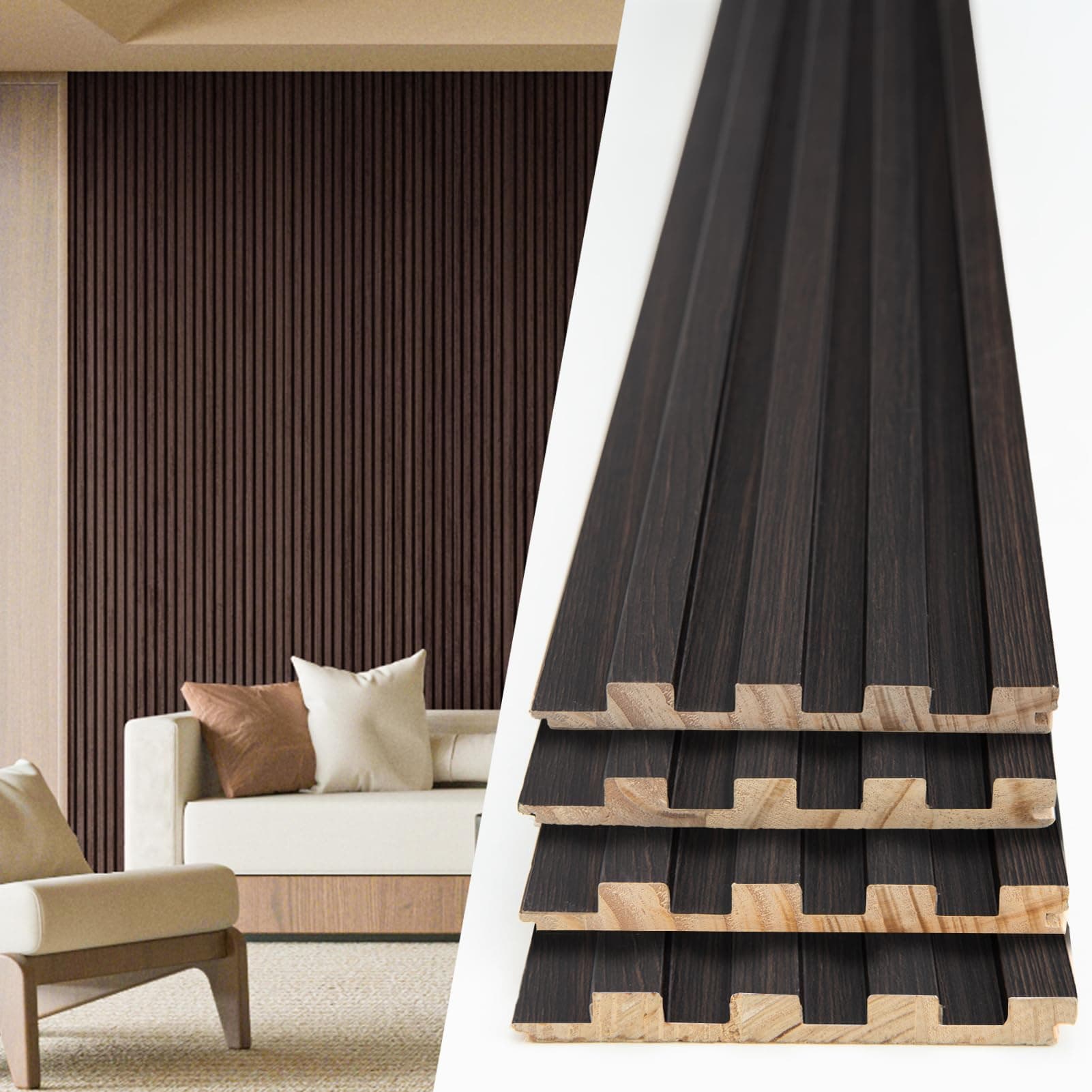 Slat Wood Wall Paneling for Interior and Ceiling Decoration - Pack of 4pcs + 1pc End-Trim, Size 108 x 5.7in.- Smoked Oak