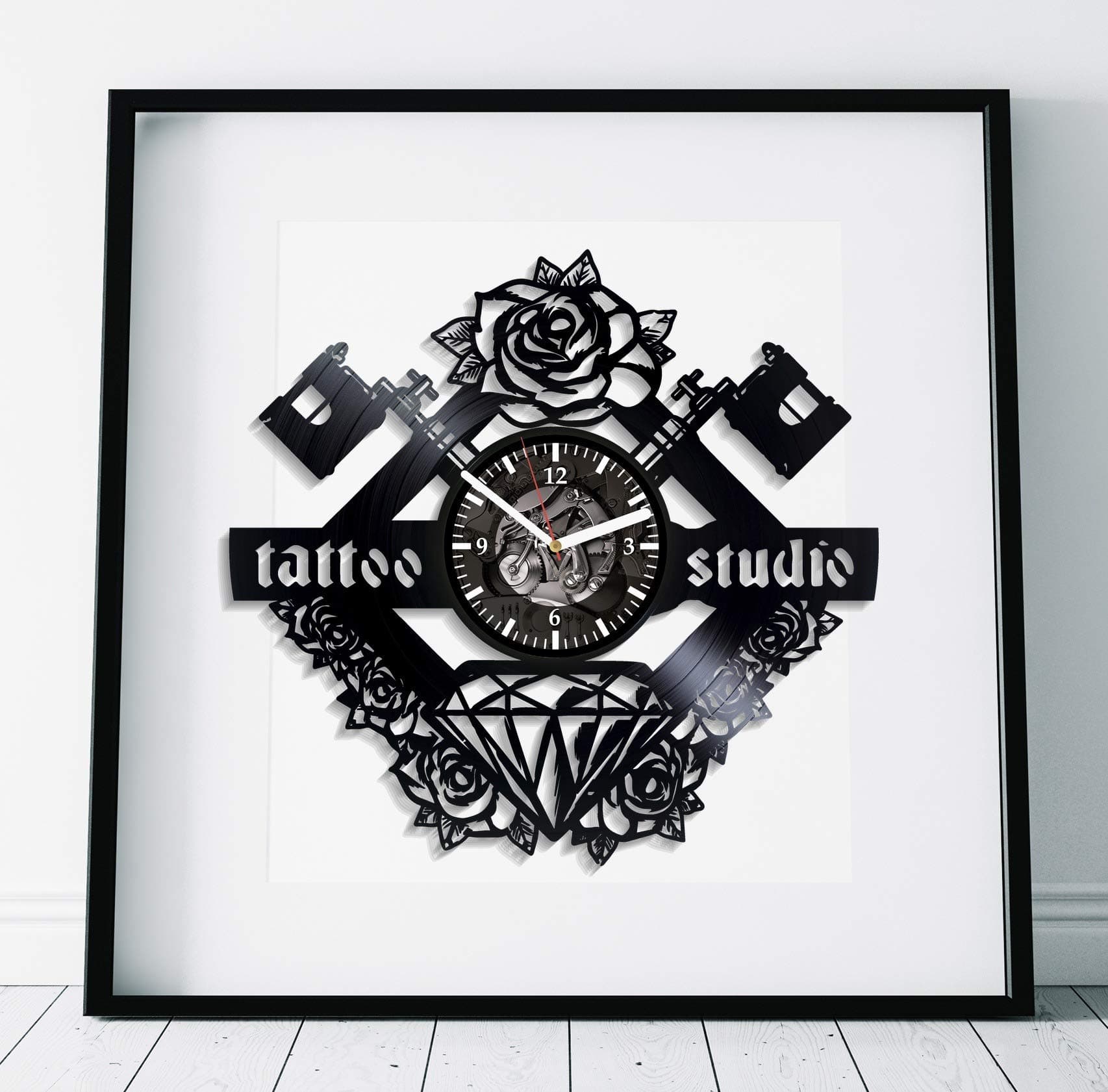 KovidesTattoo Studio Art Birthday Gift Idea for Man Lp Retro Vinyl Record Wall Clock Modern Handmade Gift Wall Clock Vintage Tattoo Studio Clock Xmas Gift for Him Wall Clock Large