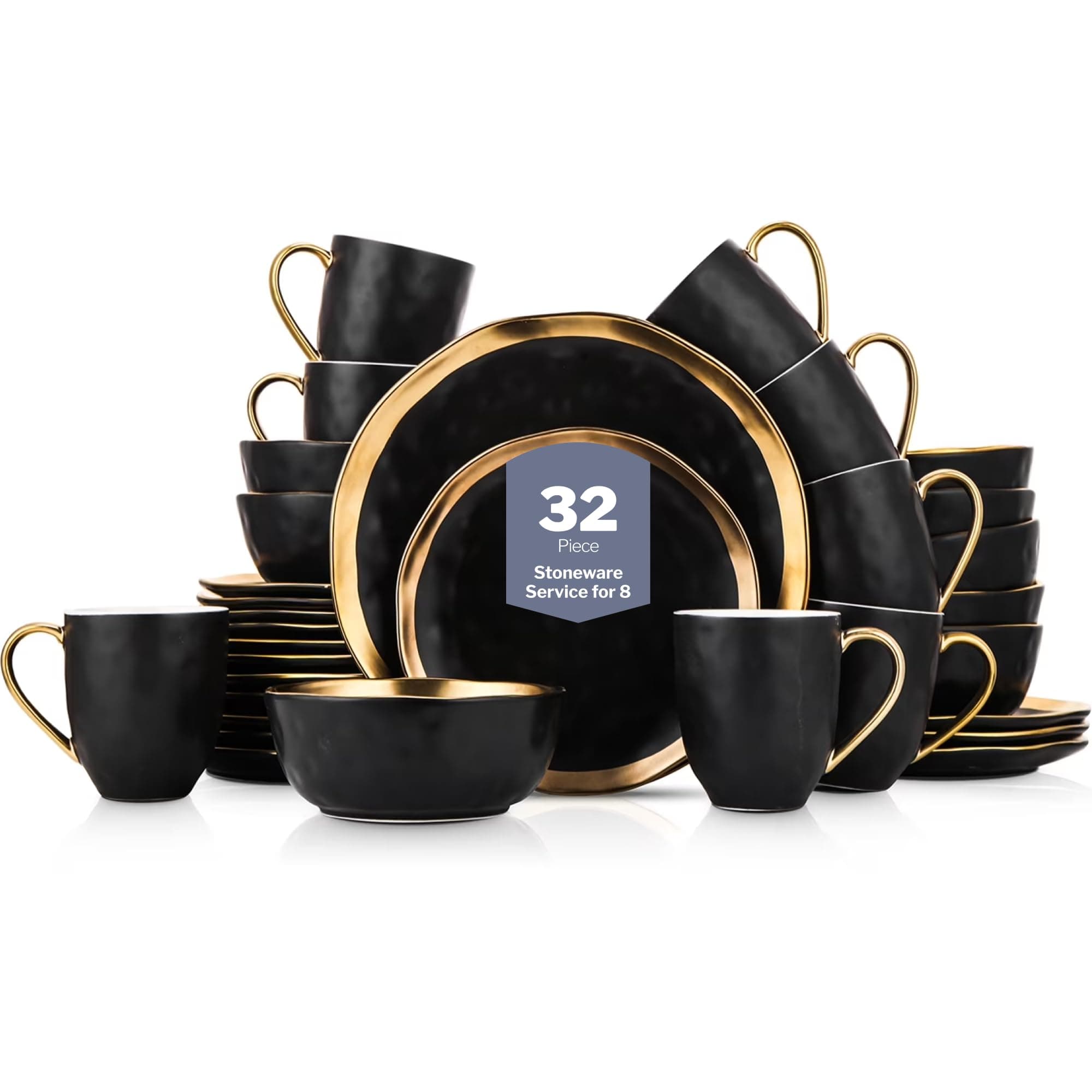 Stone Lain Florian Modern Porcelain Dish Set, 32-Piece Dishes for 8, Gold and Black