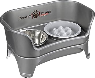 Neater FeederExpress for Medium to Large Dogs with The Niner Slow Feed Bowl - Mess Proof Pet Feeder with Stainless Steel Water Bowl & Nine Peak Slow Feeder - Drip Proof & Non-Tip - Gunmetal Grey