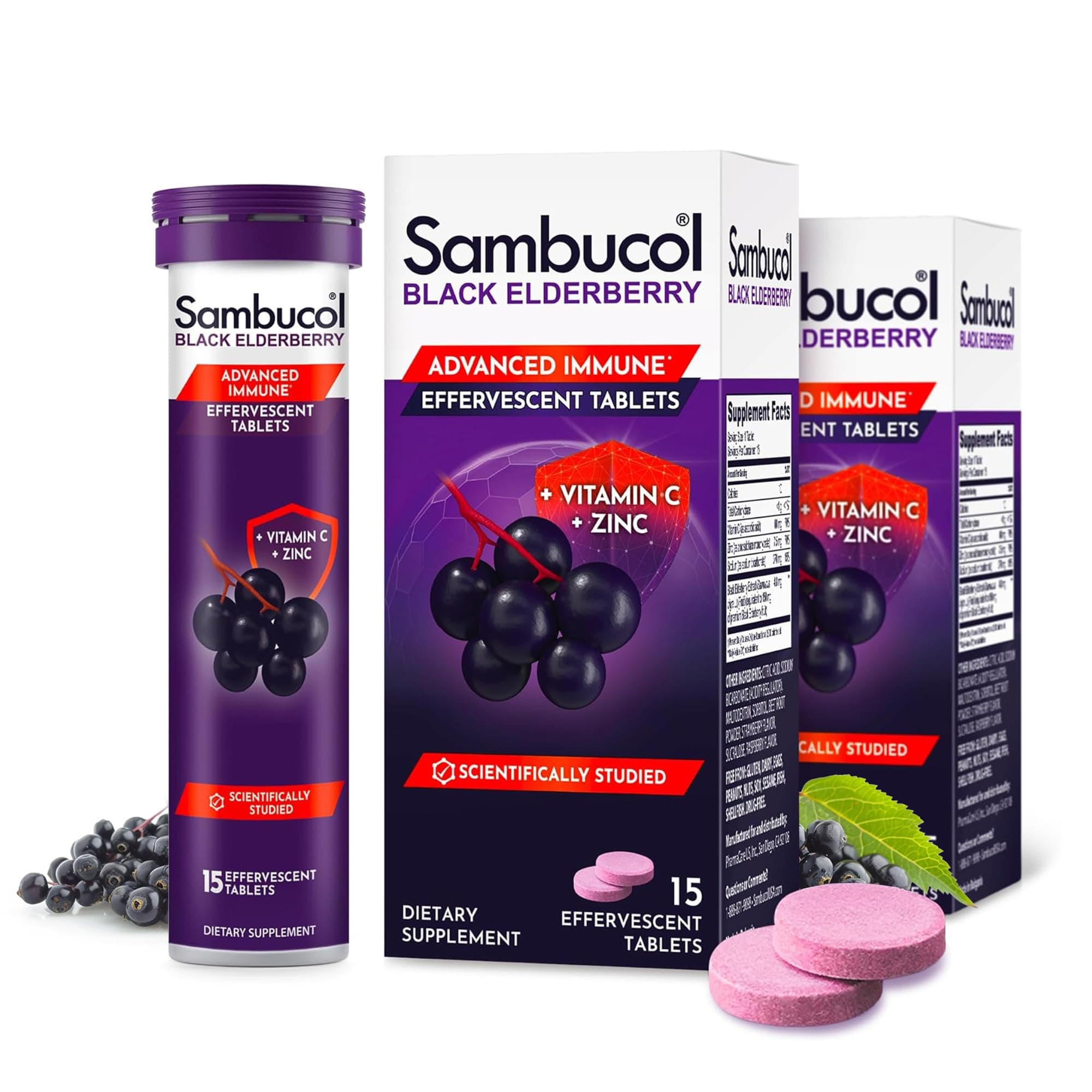 Sambucol Black Elderberry Effervescent Tablets - Elderberry Dissolvable Tablets with Zinc and Vitamin C for Adults, Quick Dissolve, No Artificial Flavors - 15 Count, 2-Pack
