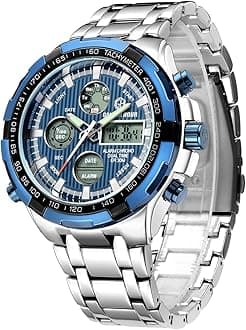 GOLDEN HOURLuxury Stainless Steel Analog Digital Watches for Men Male Outdoor Sport Waterproof Big Heavy Wristwatch