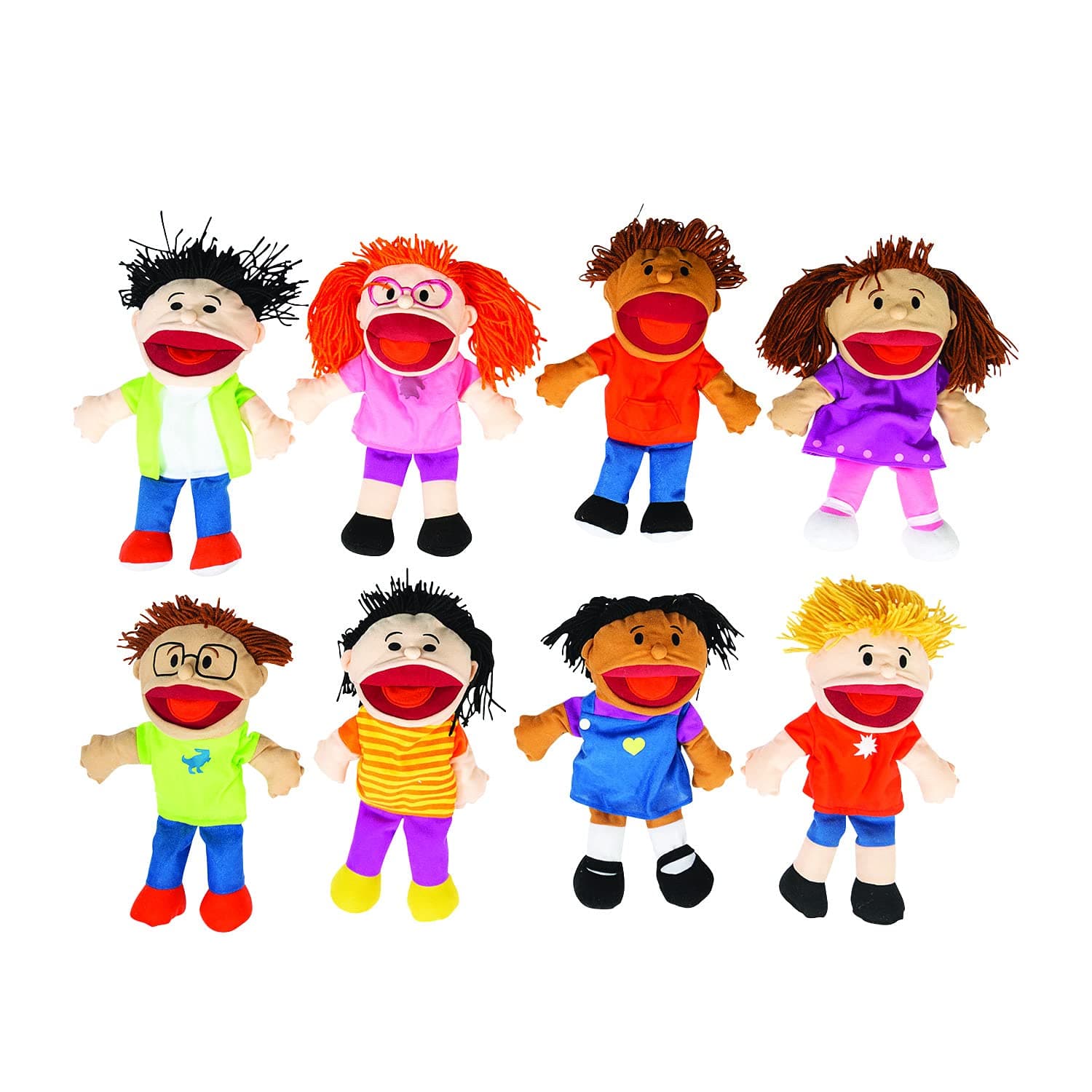 Fun Express Hand Puppets for Kids - 8 Multicultural Plush Puppets with Movable Mouths for Speech Therapy, Social Emotional Learning & Dramatic Play | 14 Inch Educational Toys for Classroom & Home Use