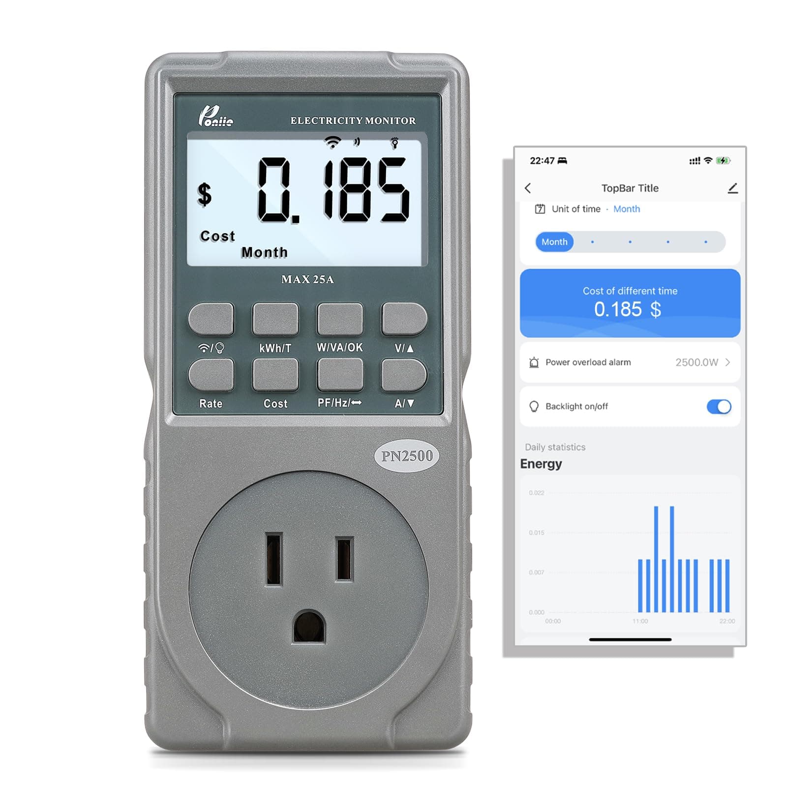 Poniie PN2500 Professional NEMA 5-15 Wi-Fi Wireless Level 1 EV Charger Pass-Through Power Usage Monitor (60-240V, 25Amp)