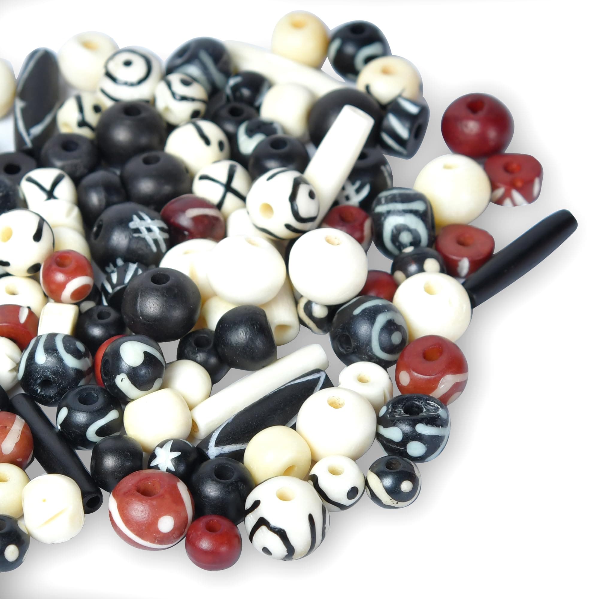 Assorted Bone Beads 130 pcs Hand Carved for Jewelry Making, Crafts, Large Natural African Beads, Native American and Indian Bead Supplies, Buffalo Bone Hairpipe Beads in Bulk (Black-Brown-White)