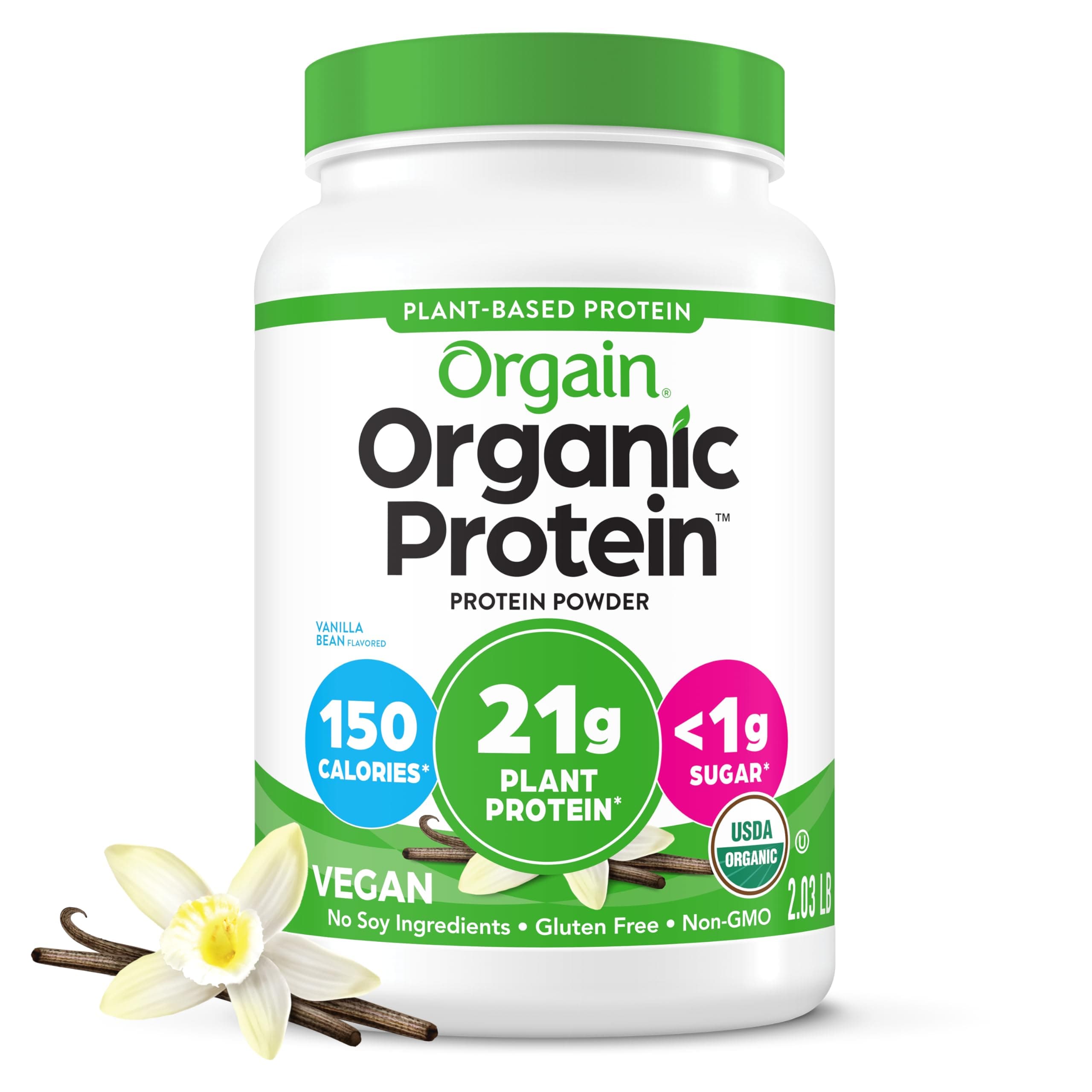 Organic Plant Based Protein Powder, Vanilla Bean - Vegan, Low Net Carbs, Non Dairy, Gluten Free, Lactose Free, No Sugar Added, Soy Free, Kosher, Non-GMO, 2.03 Pound