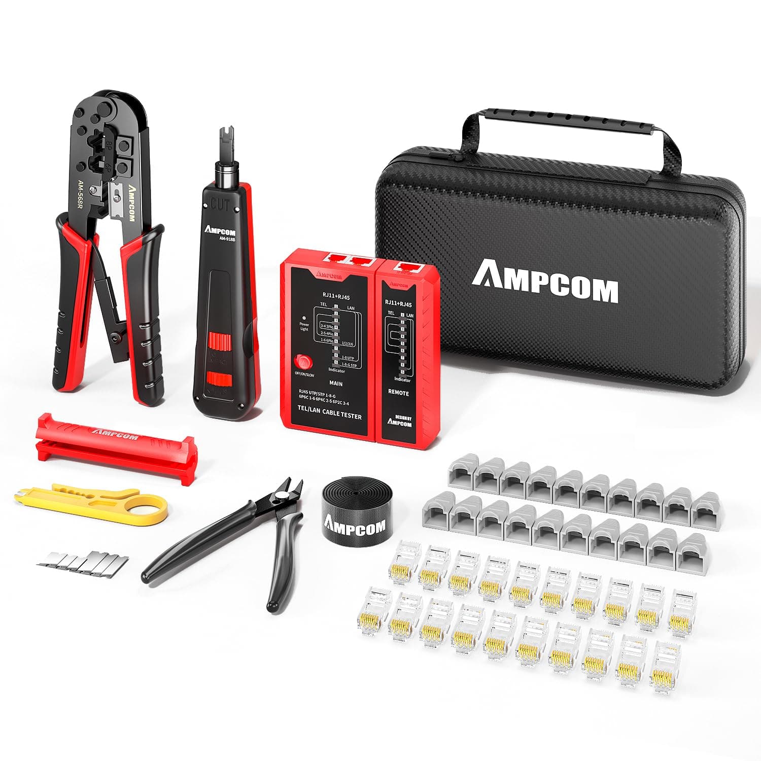 AMPCOM Ethernet Crimping Tool Kit 10-in-1 RJ45/RJ11 Network Tool Kit with RJ45 Tester for Cat6/Cat5e/Cat5 RJ45 Connectors, Includes 110 Punch Down Tool & Wire Stripper, Portable Waterproof Bag
