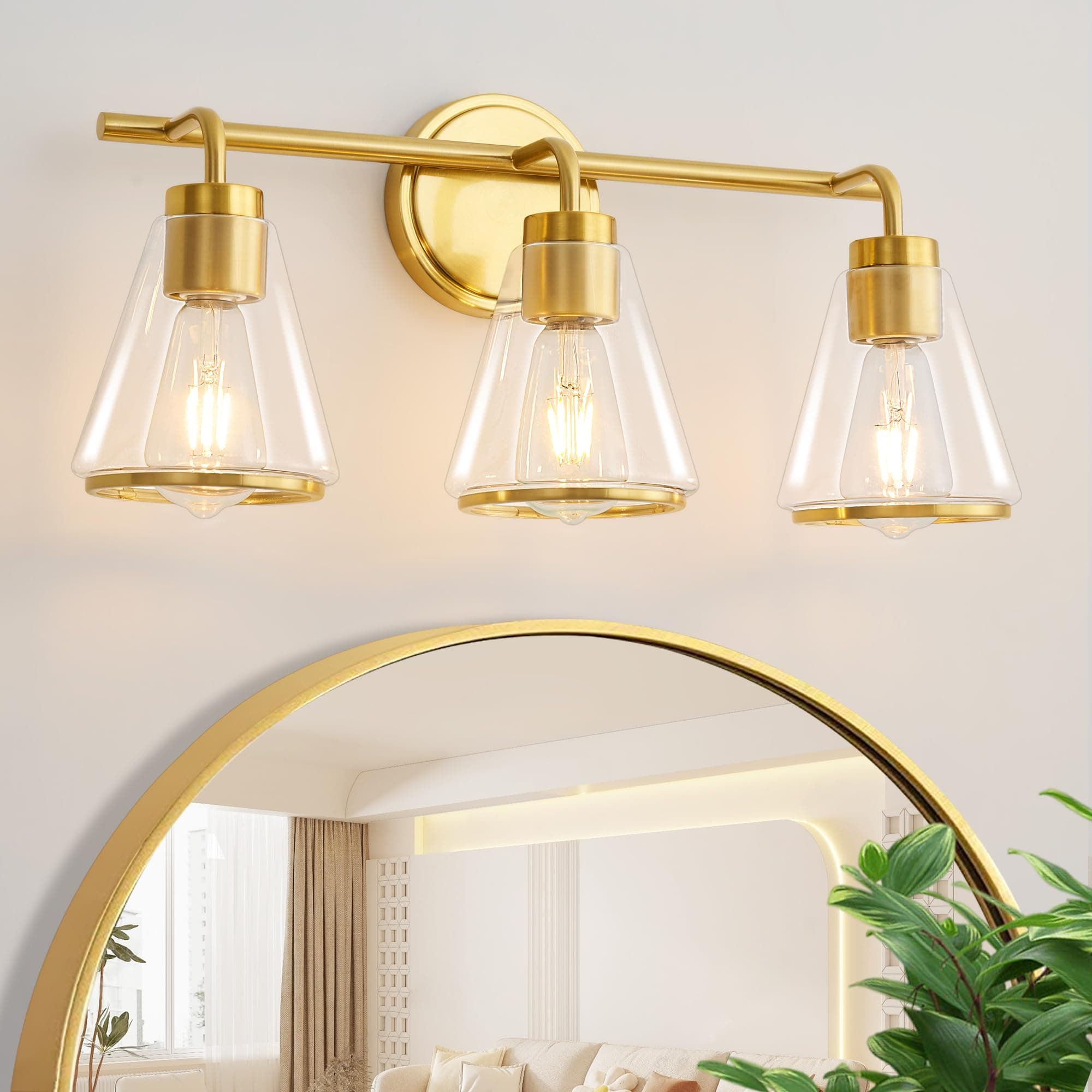 Gold Vanity Light - Bathroom Light Fixtures Over Mirror, 3 Lights Fixture, Clear Glass Shade, 22 inch Modern Wall Sconce for Bathroom, Bedroom