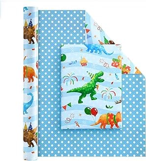 Wernnsai Dinosaur Reversible Wrapping Paper Roll - 1 Roll 17' x 33 ft Happy Birthday Wrapping Paper Kids Dinosaur Gift Wrap Roll Boys Party Favor Polka Dot Design
