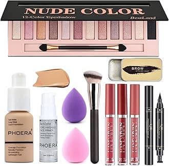 All in One Makeup Set 12 Colors Eyeshadow Palette Matte Foundation Face Primer, 3 Liquid Lipstick, Eyebrow Soap, Winged Eyeliner Stamp, Brush, Sponge, (Set B)
