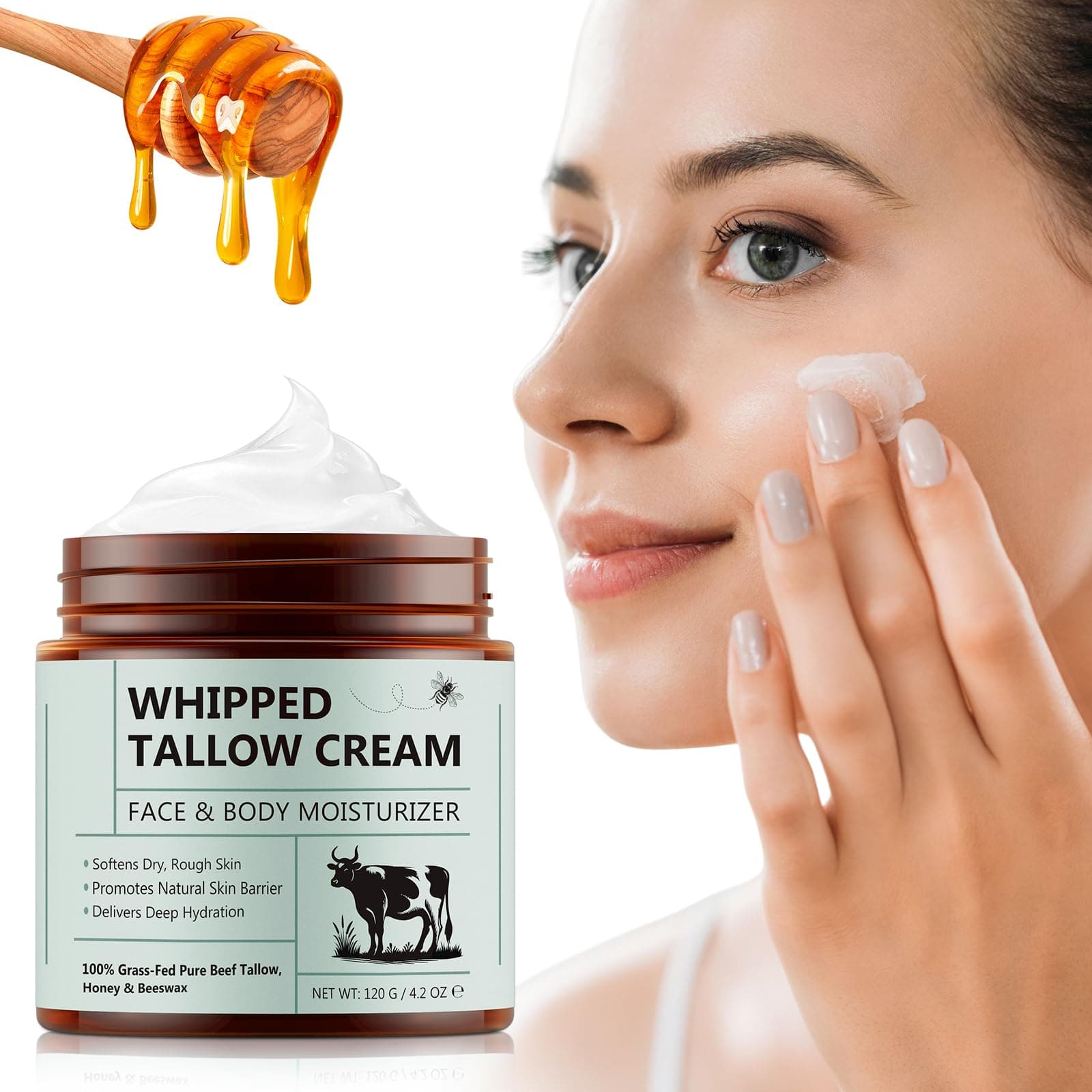 Beef Tallow for Skin 4.2 OZ - Suitable for Sensitive Skin, Grass Fed Tallow Deeply Nourishing for Face & Body. Whipped Tallow Cream and Honey Balm Face Moisturizer. tallow and honey balm