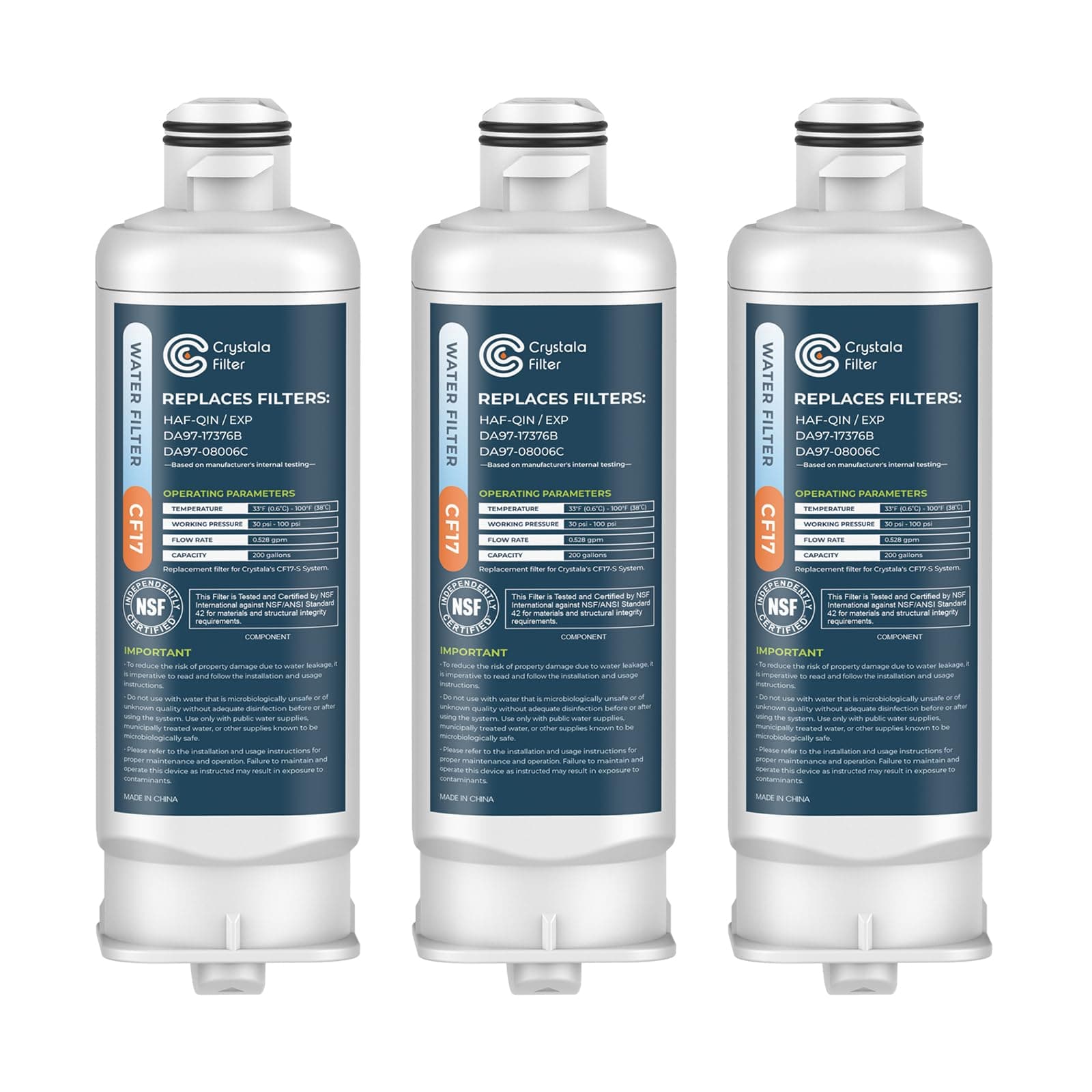 Crystala Filters Replacement for DA97-17376B Water Filter, NSF 42 Compatible with Samsung HAF-QIN, HAF-QIN/EXP, DA97-08006C, RF23M8070SG, RF23M8070SR, RF23M8090SG, RF23M8570SR (3 Pack)