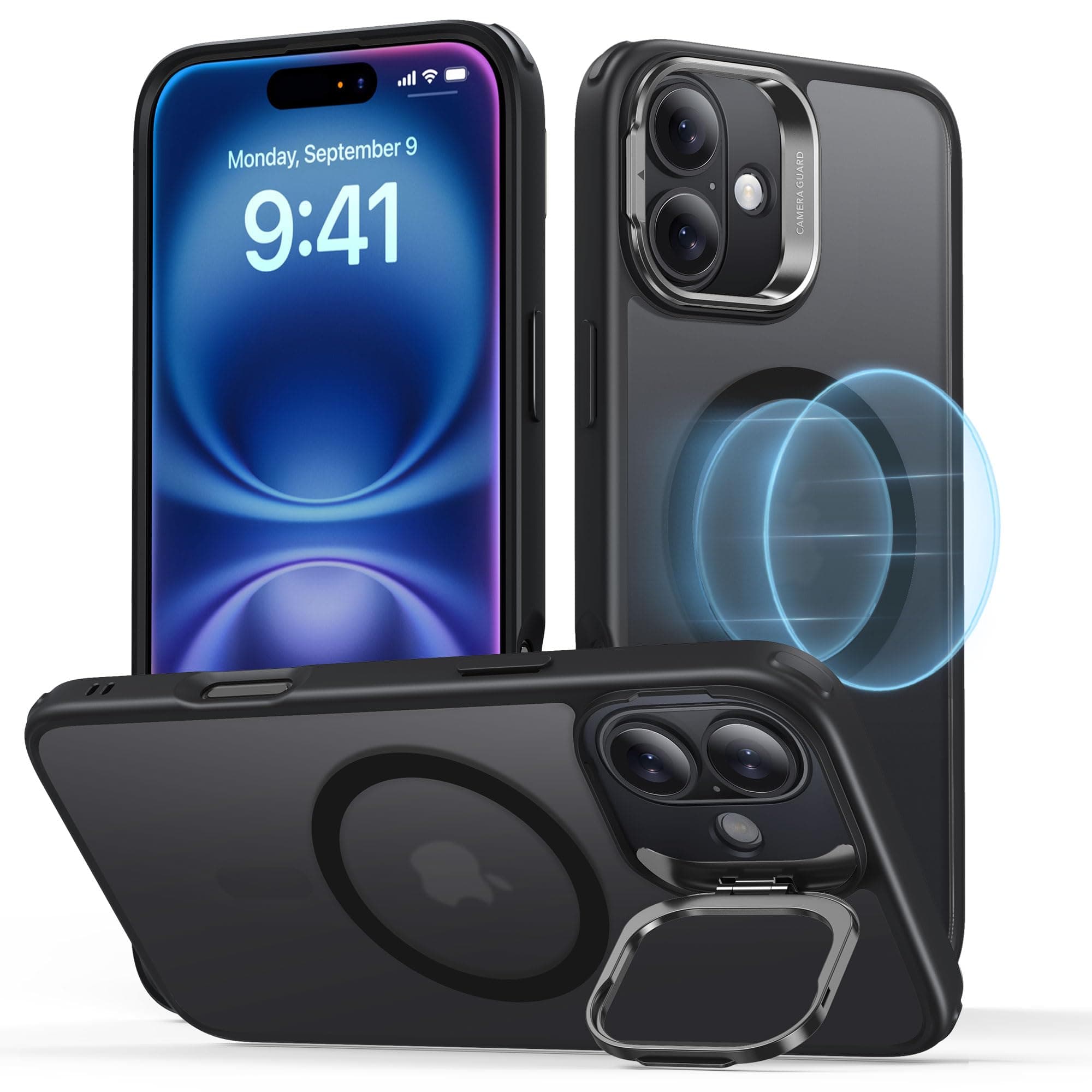 for iPhone 16 Plus Case, ompatible with MagSafe, Military-Grade Protective Case, TPU, Built-in Stash Stand Phone Case, Scratch-Resistant Back Cover, Classic Series, Frosted Black