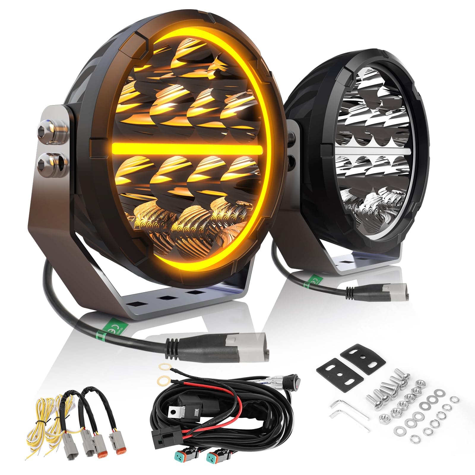 6.5 in Round LED Offroad Lights with DRL 45000 LM Round LED Driving Lights with 14AWG DT Connector Wiring Harness Kit Combo Beam Auxiliary Spotlight for ATV Trucks