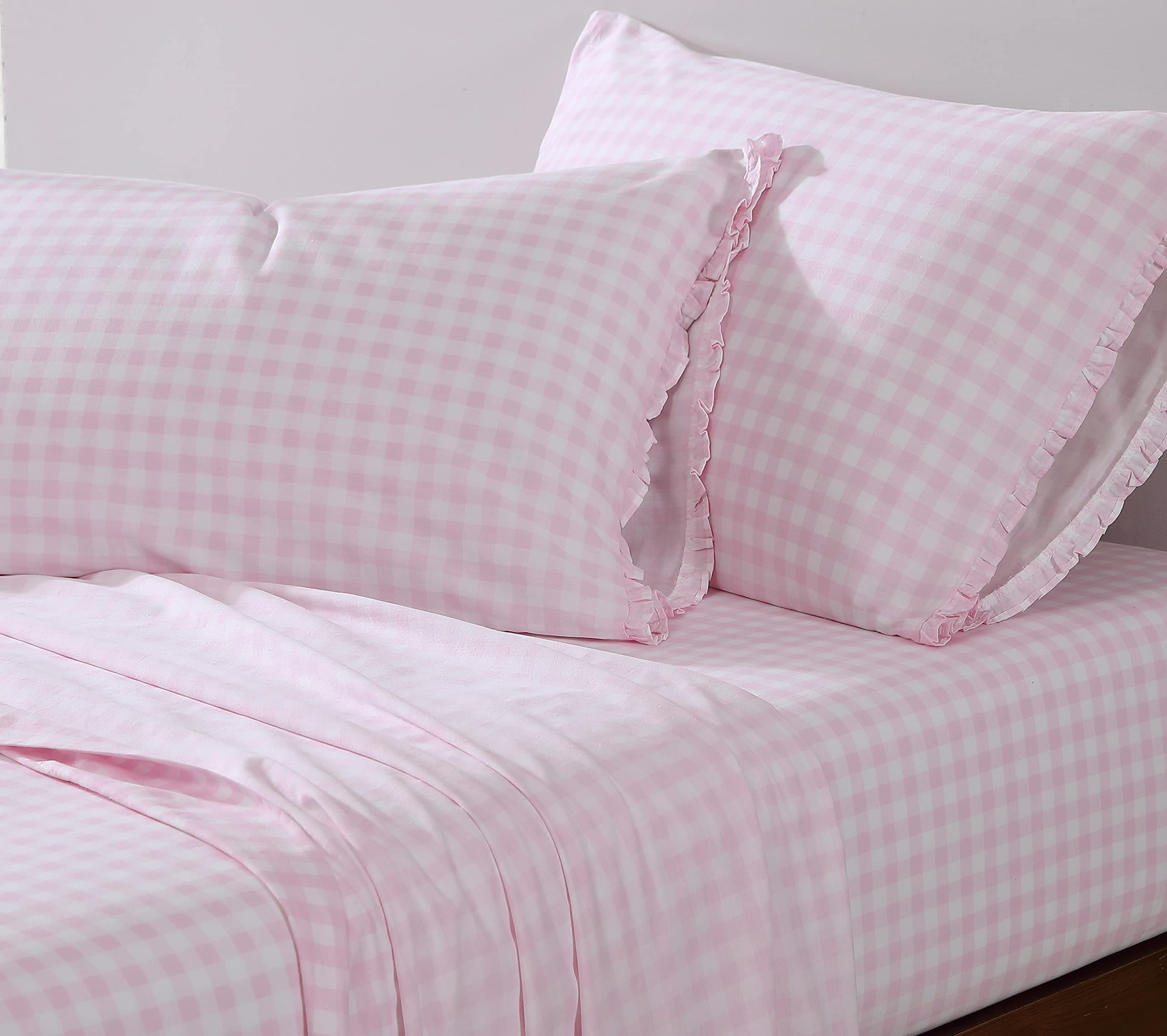 Shabby Chic® - King Sheets, Soft & Breathable Organic Cotton Bedding Set, Classic Style Home Decor with Ruffled Pillowcases (Gingham Pink, King)