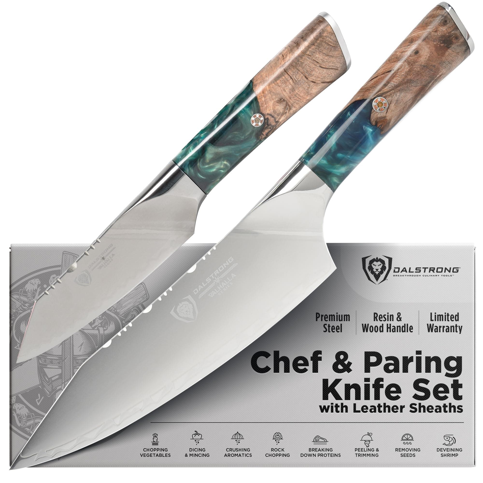 2 Piece Knife Set - Chef Knife 8 inch & Paring Knife 4 inch - Valhalla Series - Premium 9CR18MOV HC Steel - Celestial Resin & Wood Handle - Razor Sharp - Essential Set - Leather Sheath