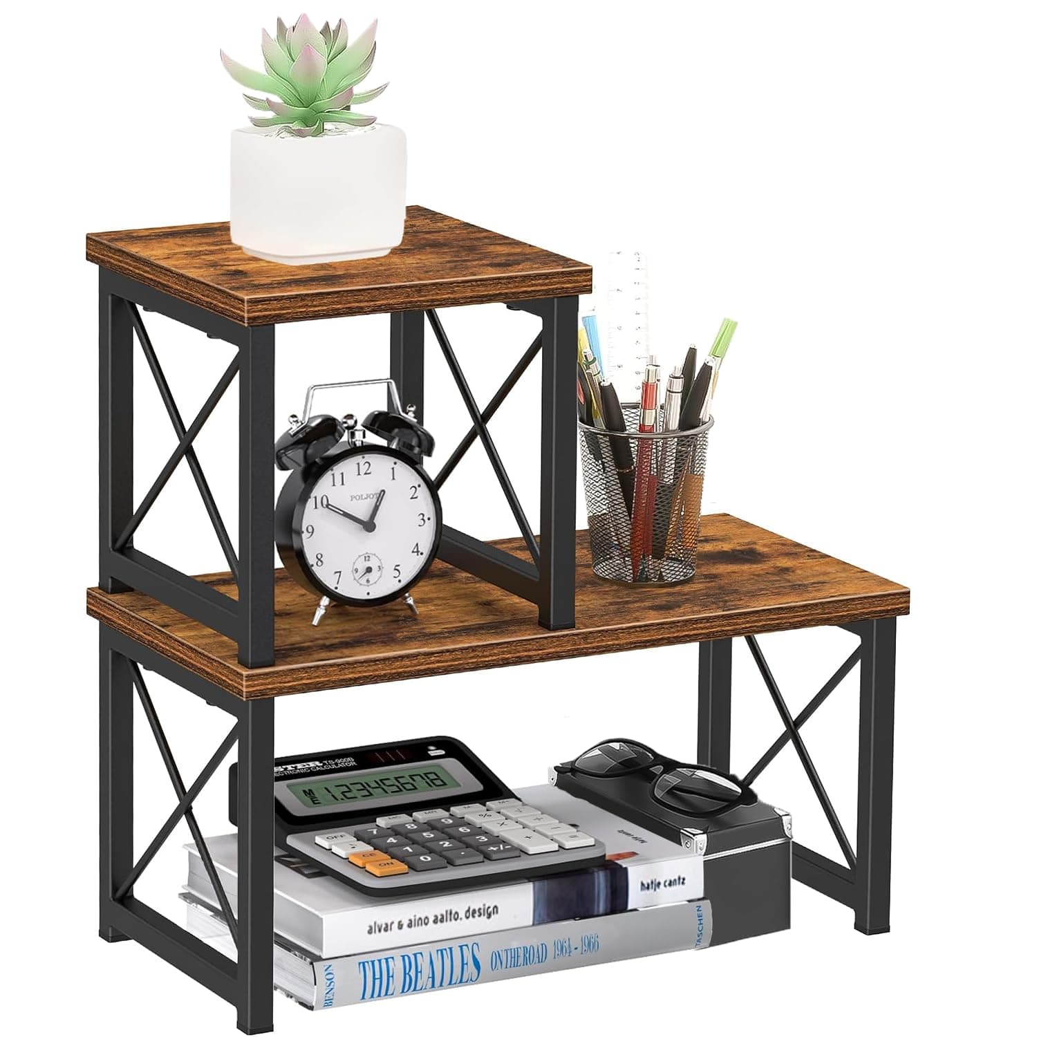 LENND Desktop Shelf, Desktop Organizer Shelf, Freestanding Small Bookshelf Desk Shelf Organizer, 2 Tier Independent Stackable Desk Organizer, Desktop Office Storage Rack Display Shelf, Desk Hutch