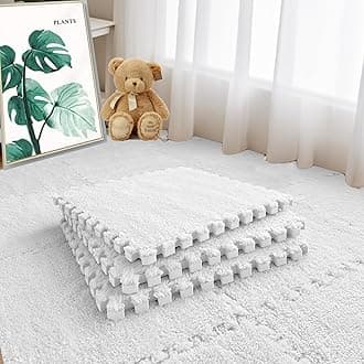 Jaderlu 16pcs 0.6 Thickened Interlocking Tile Mats,Fluffy Shaggy Soft EVA Foam Area Rug for Living Room & Bedroom,Non-Slip Protective Floor Carpet Play Mat Kids Baby Dorm Home Decor (11.8ft, White)