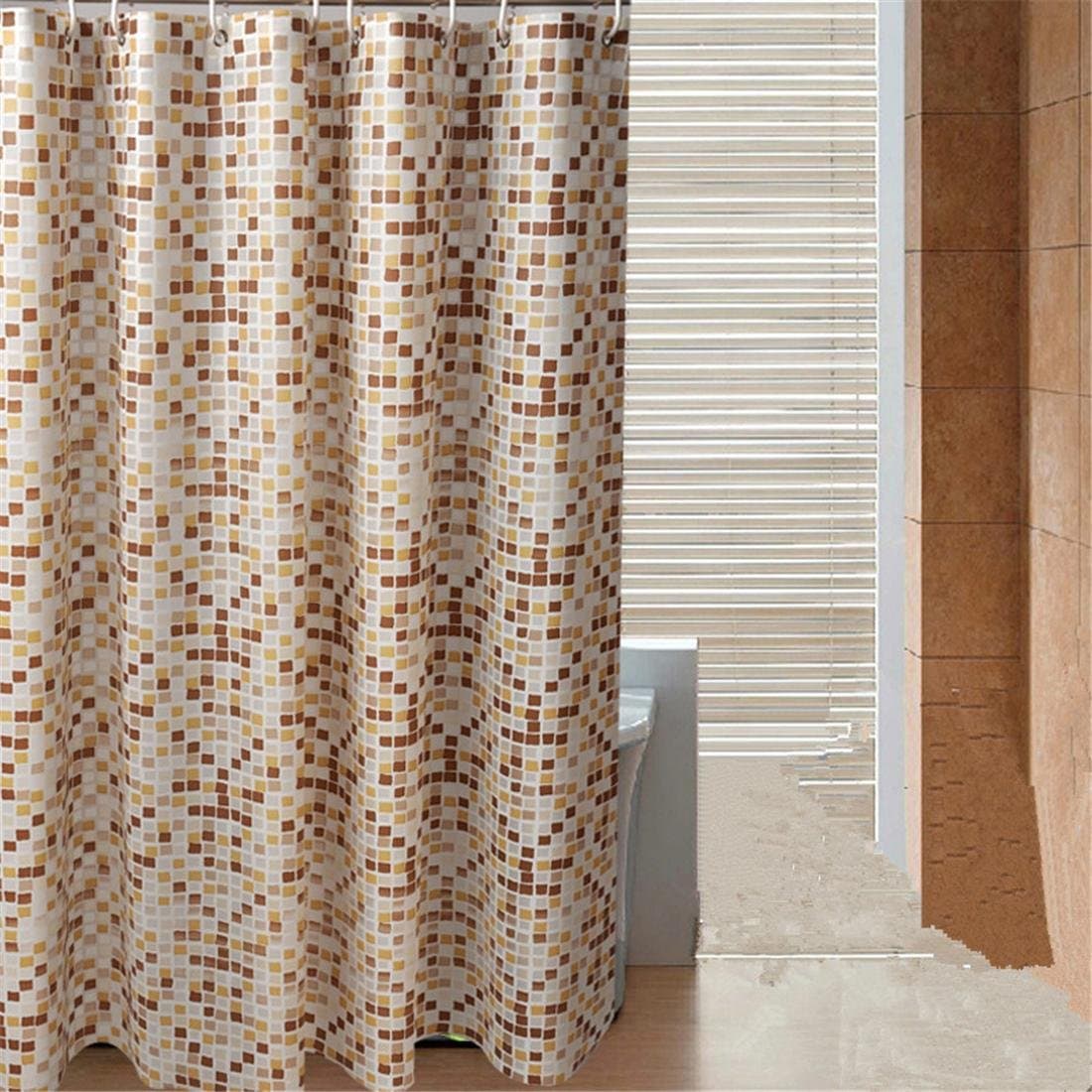 PVC Plastic Shower Curtain Mosaic Brown Yellow Beige Square Pattern Opaque Waterproof Fabric For Hotal Home Bathroom Washroom Decoration With Enough Rings Hooks , 240 x 200 cm
