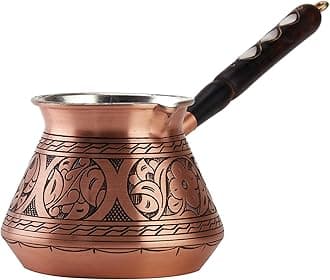 Thick Copper Turkish Greek Arabic Coffee Pot 450 ml – Handmade & Hand-Engraved Cezve Ibrik Briki with Wooden Handle & Spoon, Solid Copper Coffee Maker for Gas Stove, Made in Turkey, Matte
