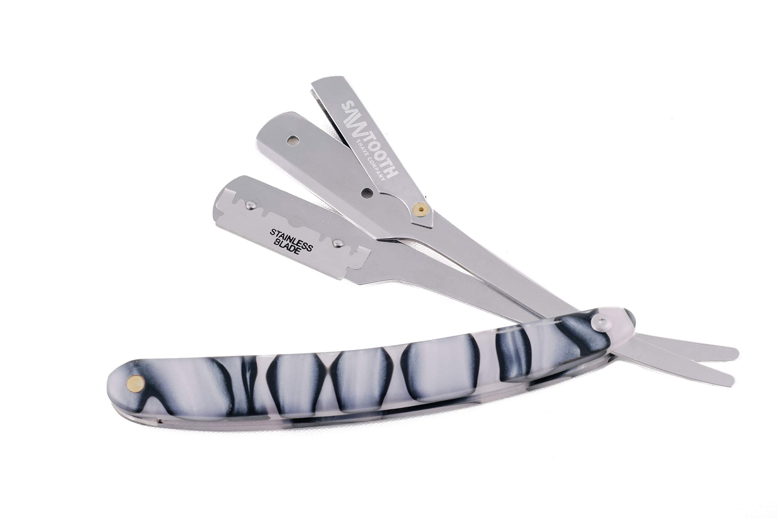 Straight Razor with Unique Acrylic Handle by Sawtooth Shave Co, Includes Carrying Case, 10x Replaceable Blades, Silver Blade