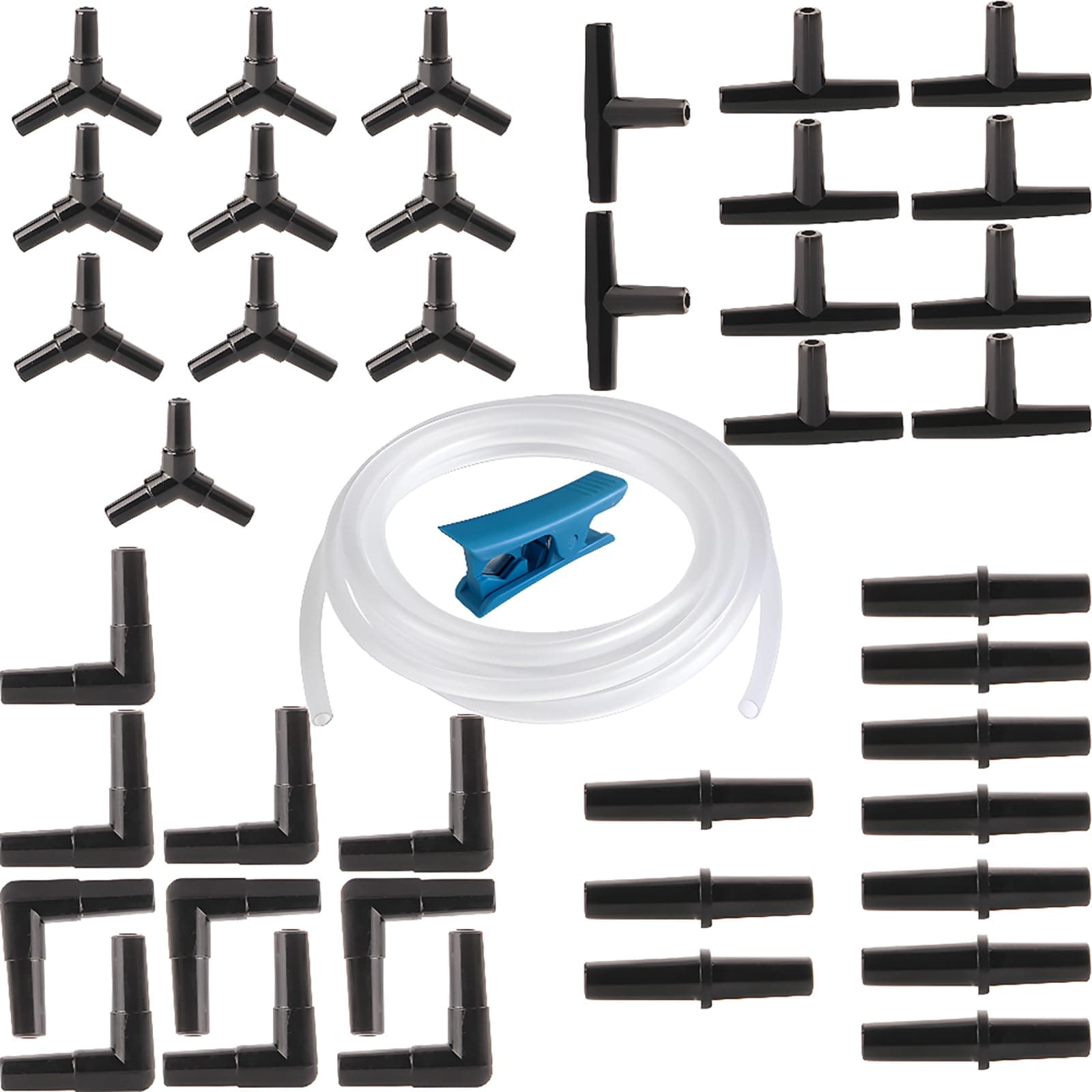 CESFONJER Aquarium Air Pump Accessories Set | 5m/16.4ft 4mm/6mm Fish Tank Pond Air Line Tube | 40 Pieces Y T L I Connector | Water Pipe Divider