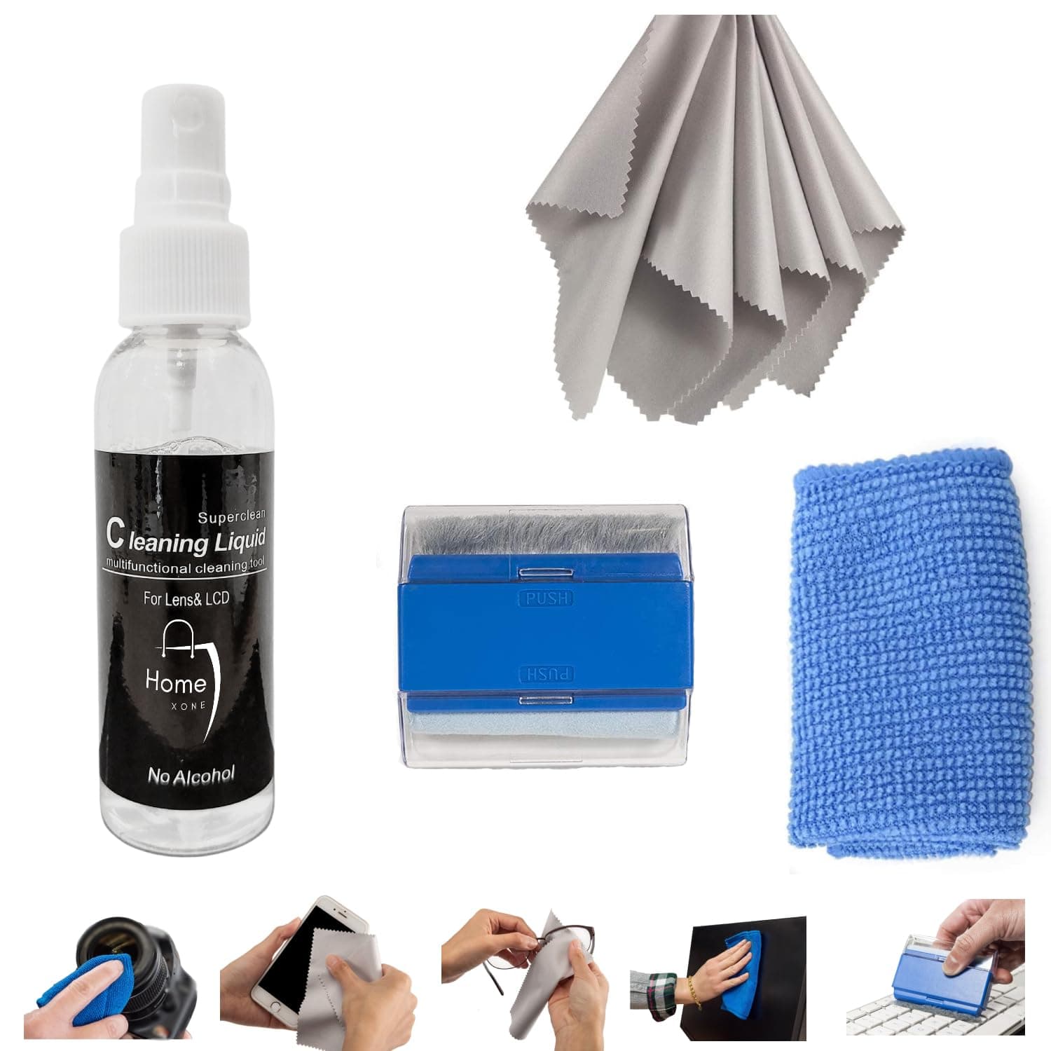 Complete Screen & Lens Cleaning Kit - Professional Phone Cleaner, 2 Microfiber Cloths, Dual-Sided Brush, Spray & More
