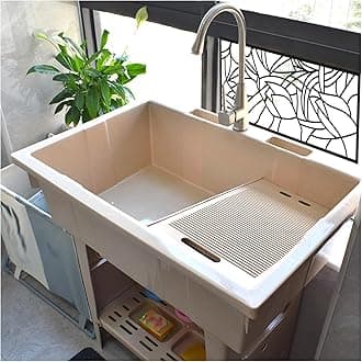 Beige Freestanding Plastic Sink with Hot & Cold Faucet - Portable Outdoor Hand Washing Station for Garage, Basement, Garden