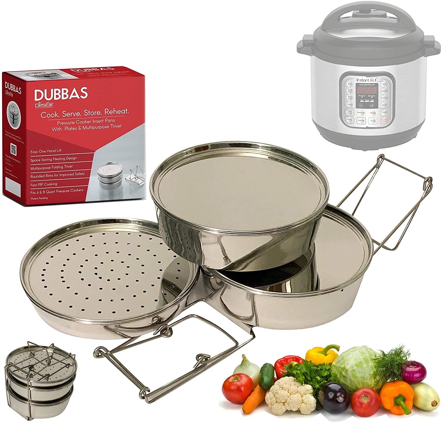 Dubbas - Premium Quality 3 Tier Stainless Steel Stacking Insert Pans/Steamer Compatible with 6 Quart Instant Pot Cooker PIP w/Lids/Plates & Trivet/Sling to Cook, Serve, Store & Reheat
