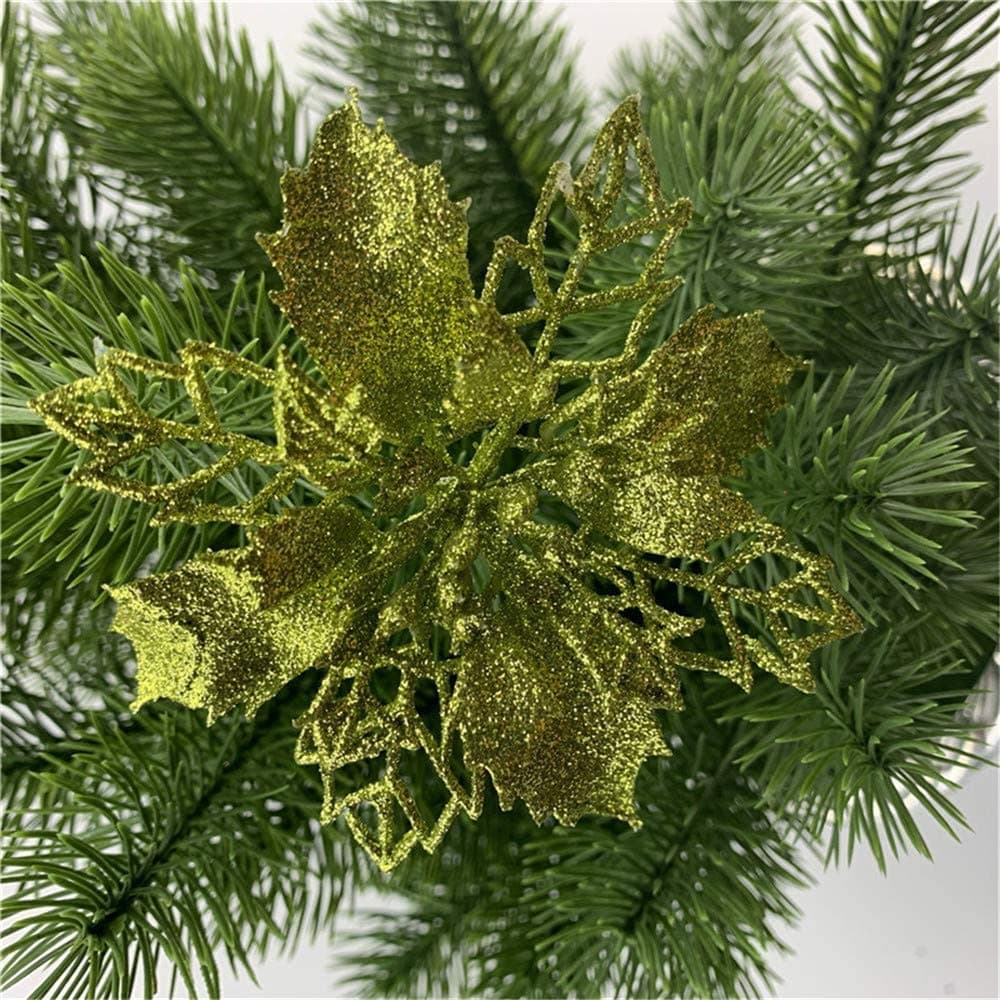GLITZFAS Christmas Tree Decorations 12 Pieces 16 cm Christmas Star Glitter Artificial Flower for Christmas Tree Wreath Garland Ornament Party Decoration Wedding Home DIY Army Green