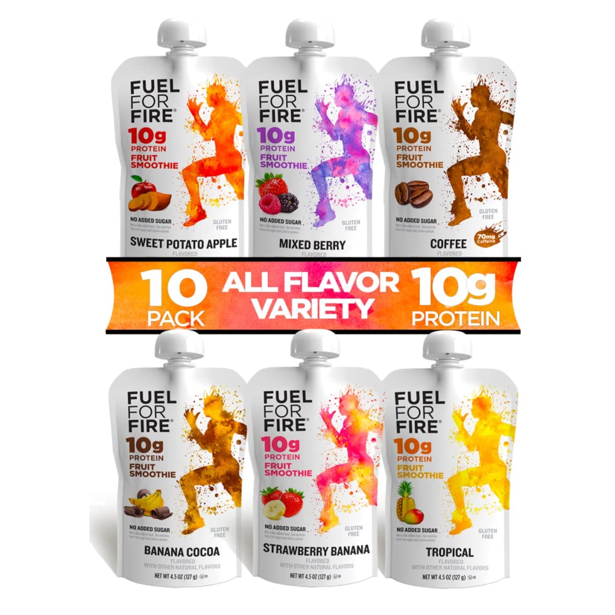 Fuel for Fire Protein Smoothie Pouch - Variety (10-Pack) | 6 Flavors | Healthy Snack & Recovery | No Sugar Added, Dietitian Approved | Functional Fruit Smoothies | Gluten Free, Kosher (4.5oz pouches)