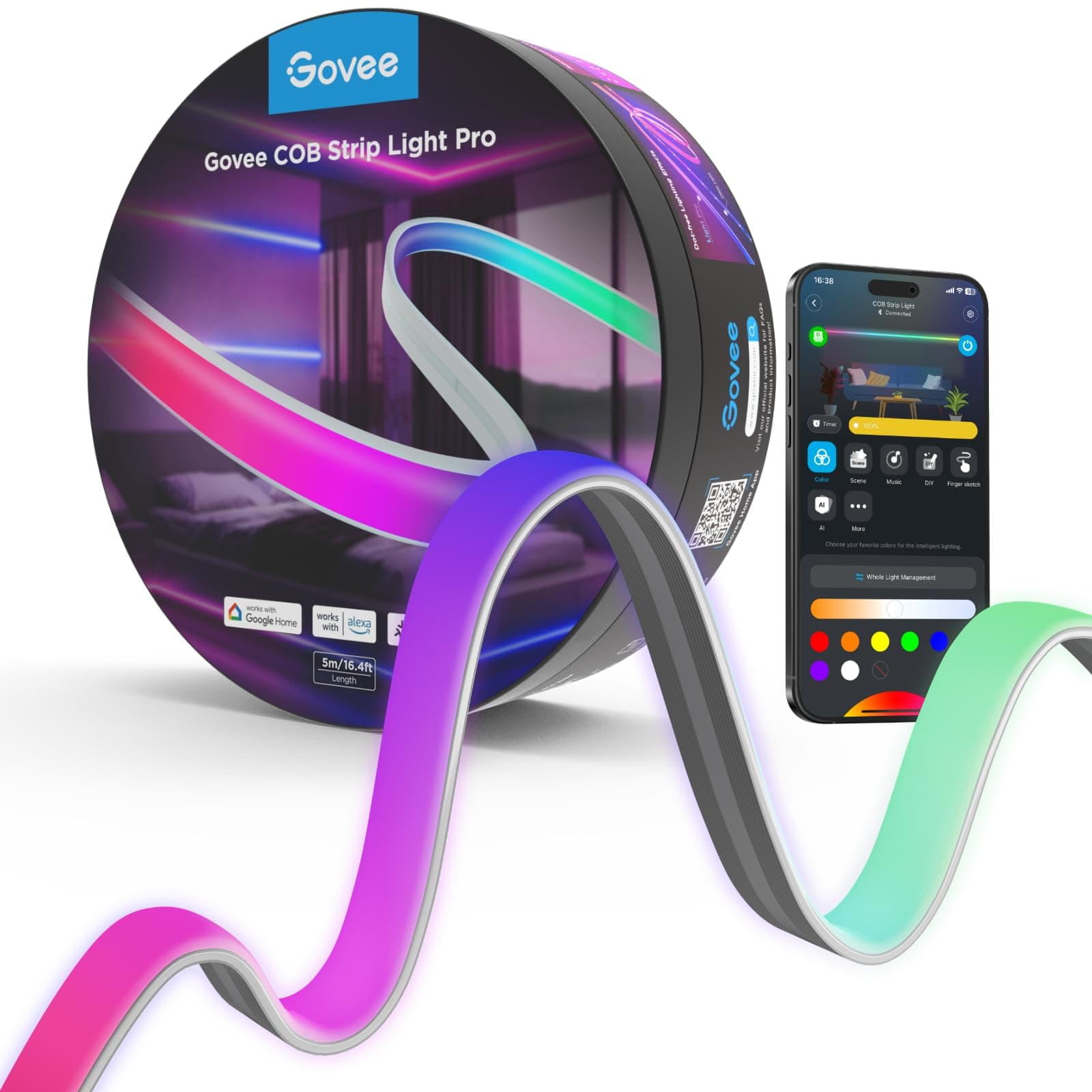 Govee COB LED Strip Light Pro, LED Lights for Bedroom Compatible with Alexa, Google Assistant and Matter, RGBICW Light with Warm White, Smart Strip Light, Color Changing, for Cabinet, 16.4ft