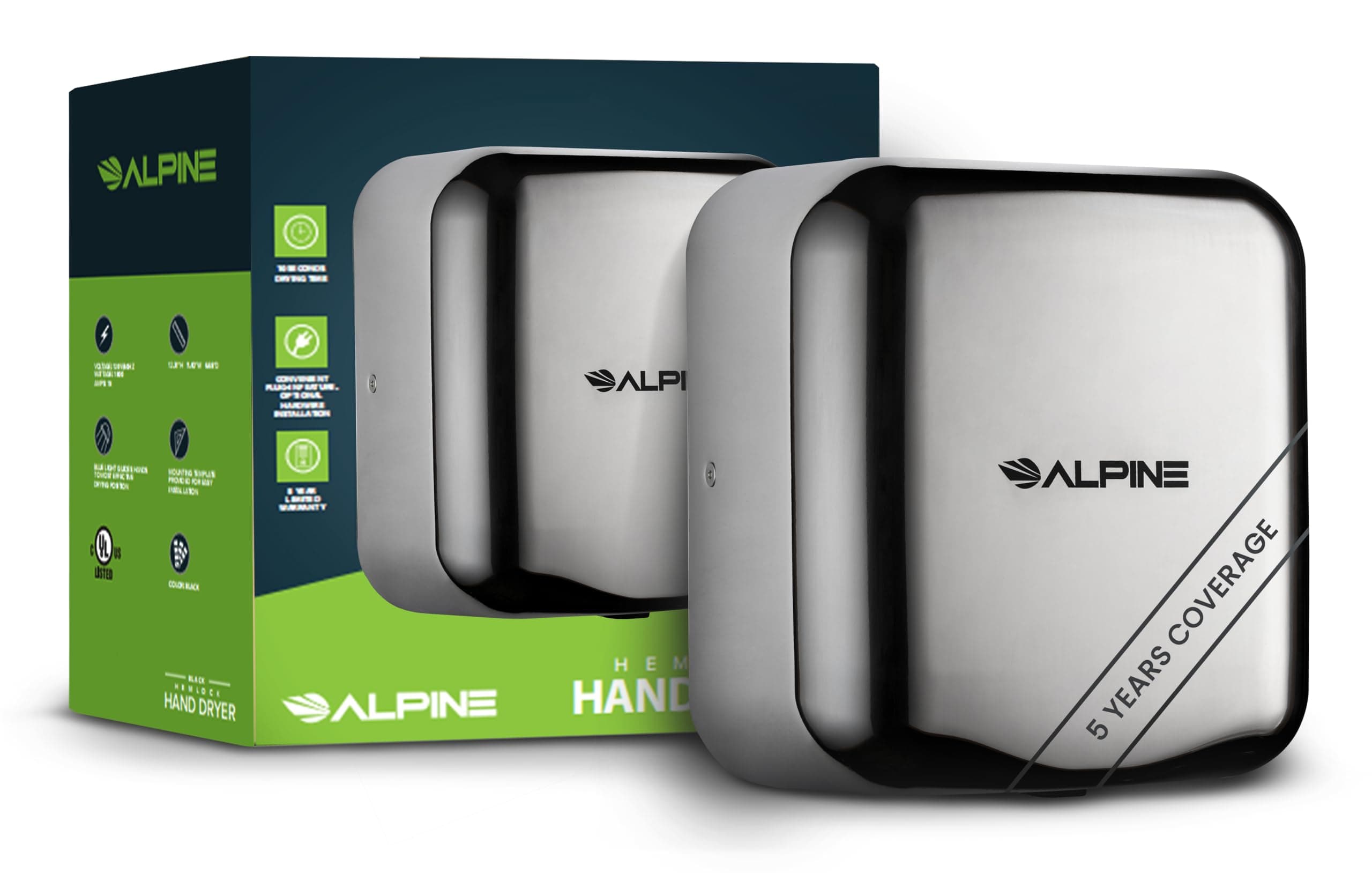 Alpine Industries Hemlock Automatic High Speed Hand Dryer - Heavy Duty Stainless Steel - Commercial High Speed Hot Air Hand Blower | 1800Watts | 110-120Volts | Quick & Easy Installation (Chrome)