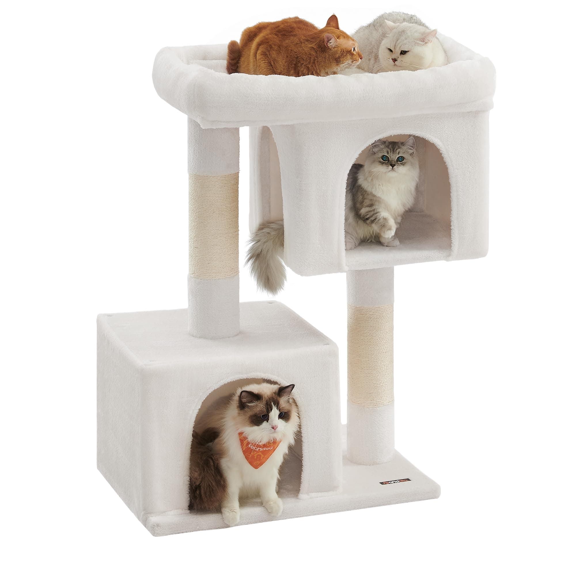 Feandrea Cat Tree, 40.6-Inch Cat Tower, Plush Condo for Extra Large Cats up to 44 lb, Large Perch, 2 Caves, Scratching Post, Cream White UPCT614T01