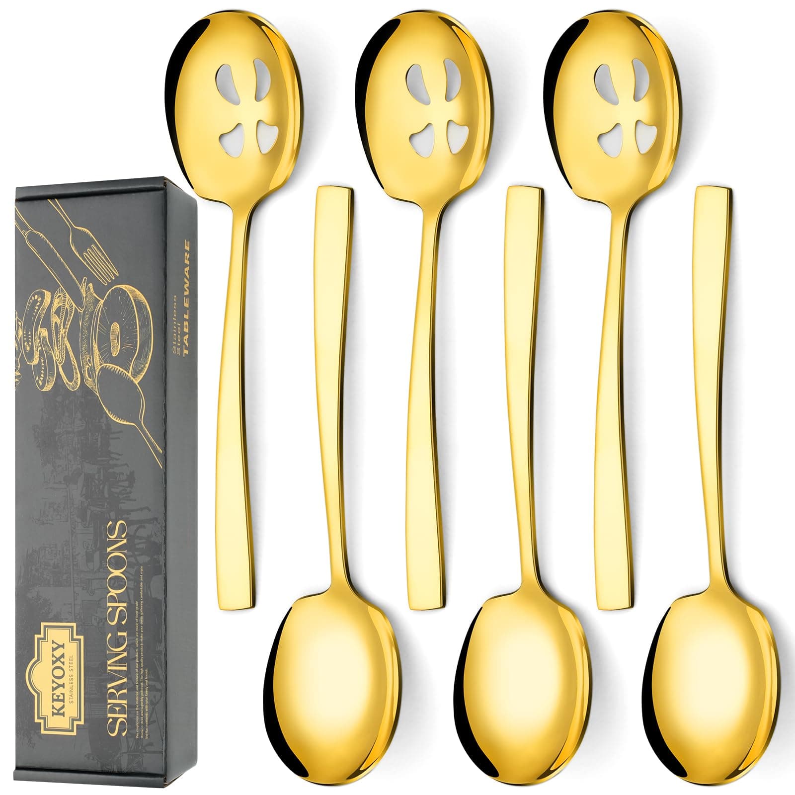 6 Piece Stainless Steel Serving Spoons Set - 3 Large, 3 Slotted, 9.2-Inch, Dishwasher Safe, for Parties/Kitchen/Buffet/Catering,Gold