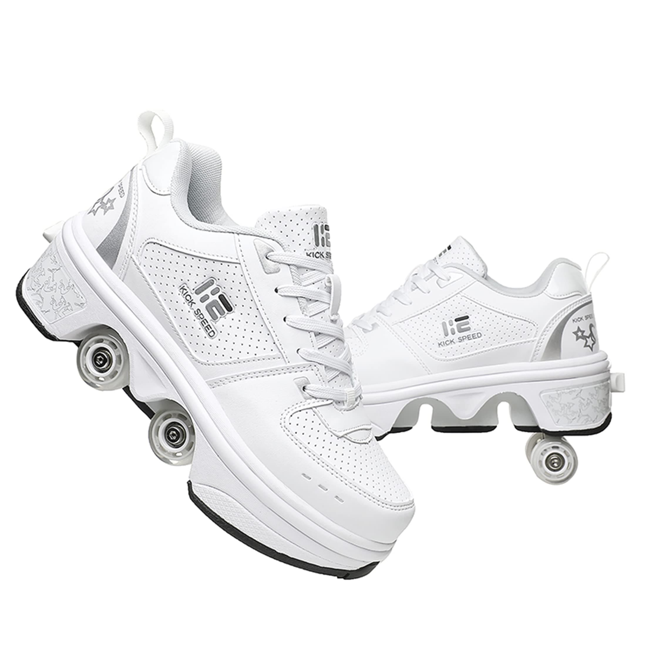 2-in-1 Roller Skates Shoes with Retractable 4 Wheels & Pop-Out Deformation Sneakers Outdoor Sports Skating Shoes for Girls Boys