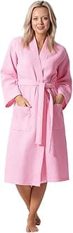 Premium Turkish Cotton Waffle Weave Lightweight Kimono Spa Bathrobe for Women (Pink, Small)