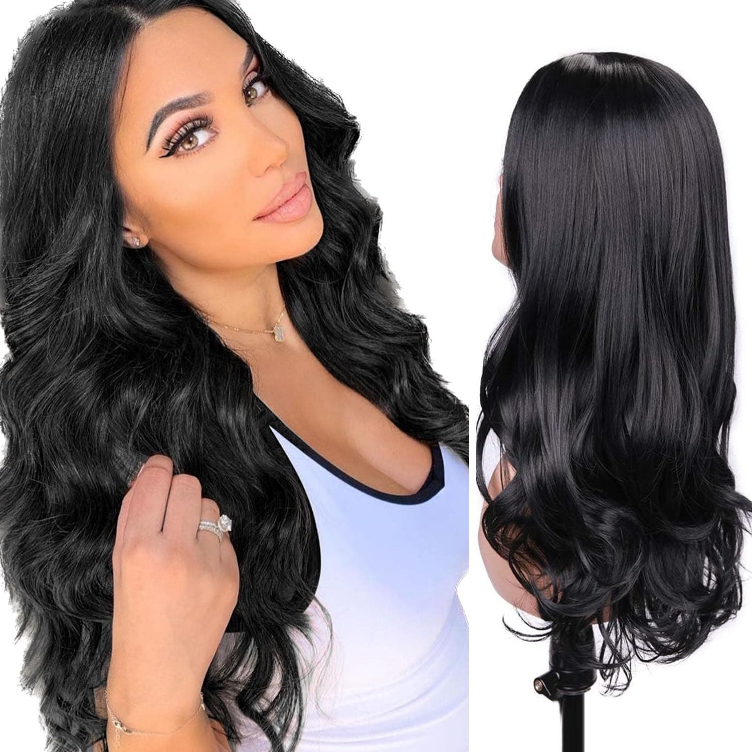 Quantum Love Long Wavy Wigs Long Curly Wavy Black Wig for Women Middle Part Natural Looking Synthetic Hair (24 Inches)
