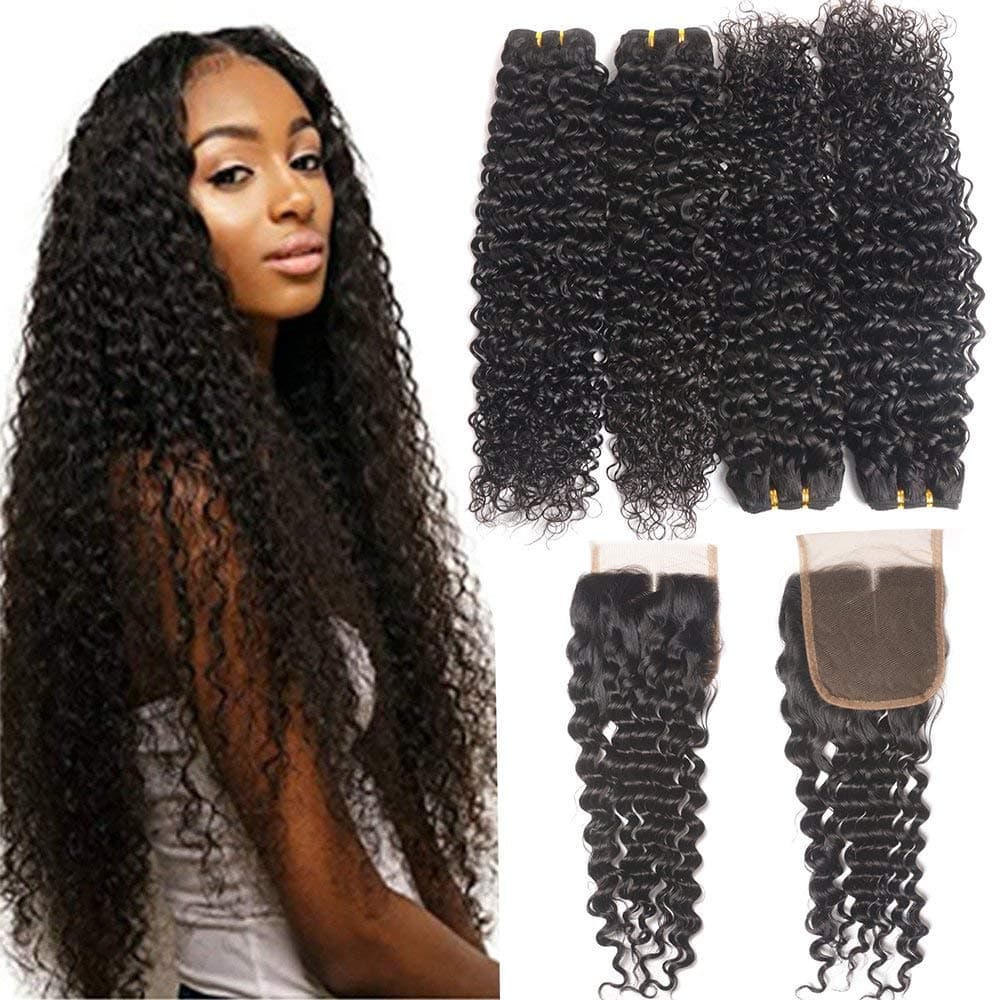 4 Bundles Water Wave Bundles with Closure (24 26 28 30+20inch,Middle Part) RESACA 10A Grade Brazilian Human Hair Bundles with Closure Wet and Wavy Human Hair Extension