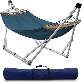 Tranquillo Ultimate Relaxation Portable Hammock Stand, Foldable Hammock Stand with Canvas Hammock, Spreader Bar, Quick Fold Unfold in 30 Seconds Steel Frame Hammock 600 lbs Capacity, White/Blue