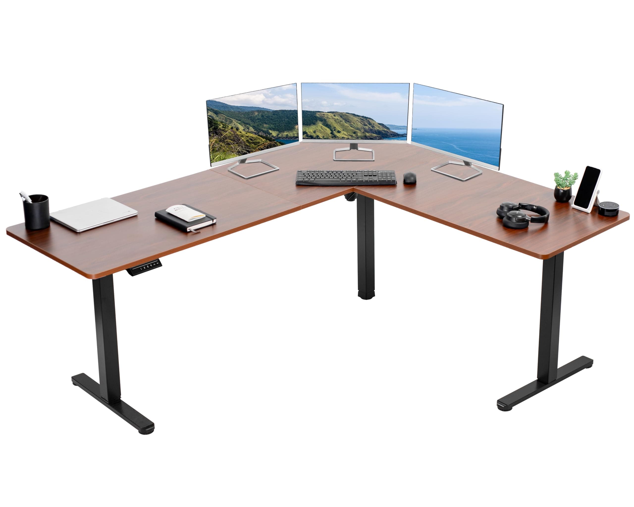 Corner Standing Desk, 75 x 63 inch Reversible L-Shaped Workstation, Electric Height Adjustment, Home, Office, and Reception Rooms, Dark Walnut Table Top Black Frame, DESK-E3CTD-75