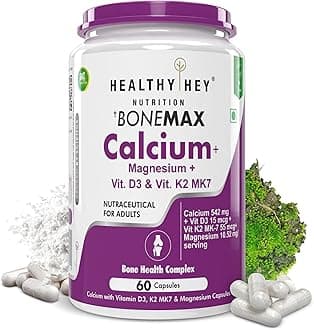 HealthyHey Nutrition Vegan Calcium with Magnesium, Vitamin D3 & Vitamin K2- Mk7 - BoneMax - Bone Health Complex - 60 Vegetable Capsules