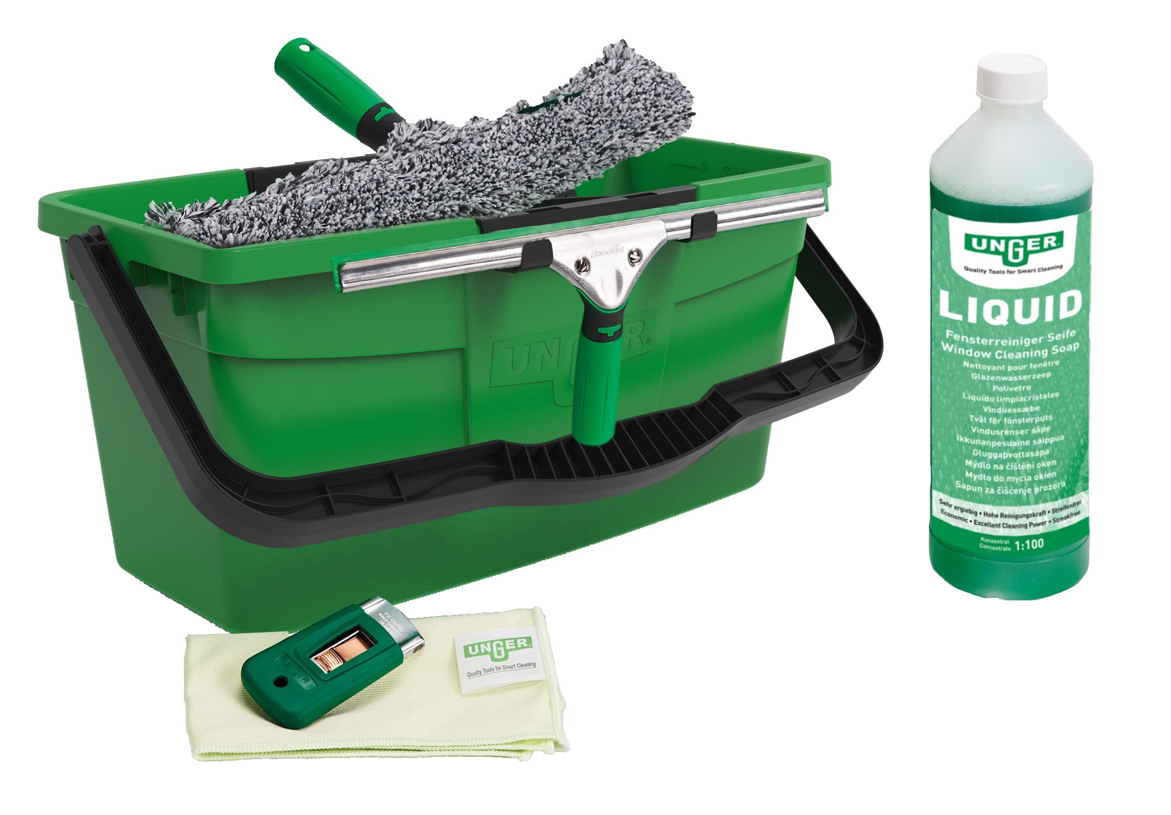 Unger AK015 Window Cleaning Kit PRO Set - Power Washer Sleeve, ErgoTec Squeegee, Bucket 18L, Liquid Glass Cleaner 1L, Safety Glass Scraper, Microfibre Cloth - Professional Window Cleaner, Green