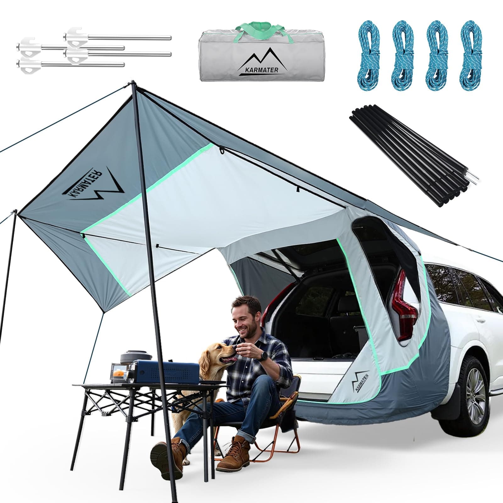 SUV Tailgate Tent with Poles &Three Sides Awning Shade & Transmittance Mosquito Net, Hatchback Camping Sunproof Car Tenting, Universal SUV Windproof Camping Gear Tent Outdoor Travel
