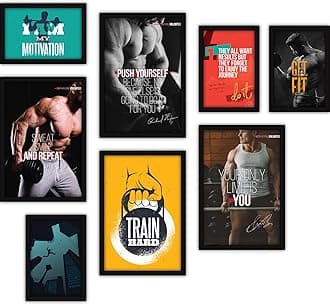 FATMUG Framed Wall Paintings for Home and Gym - Workout Posters Glass, Multicolour - Set of 8